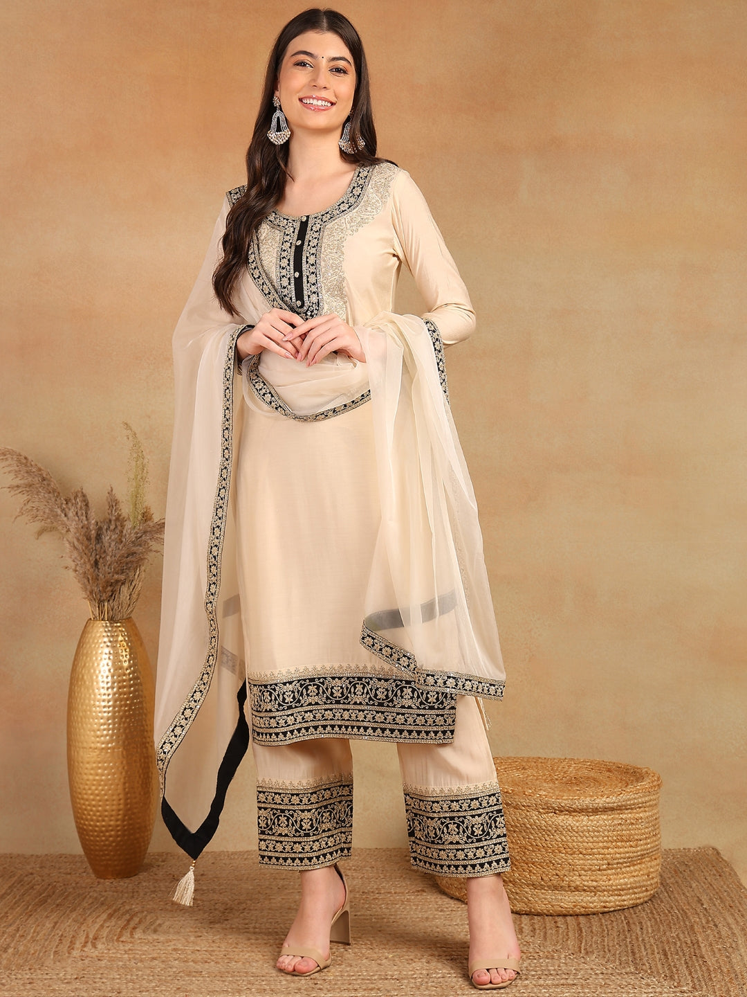 Women's Cream Silk Blend Solid Embroidered Straight Kurta Trouser With Dupatta - Ahika