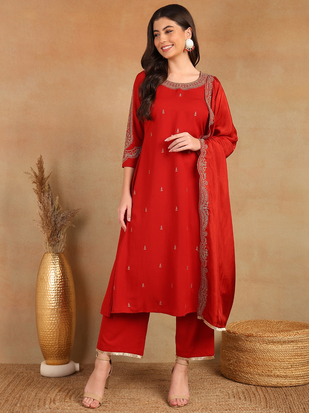 Women's Red Silk Blend Solid Embroidered A-Line Kurta Trouser With Dupatta - Ahika