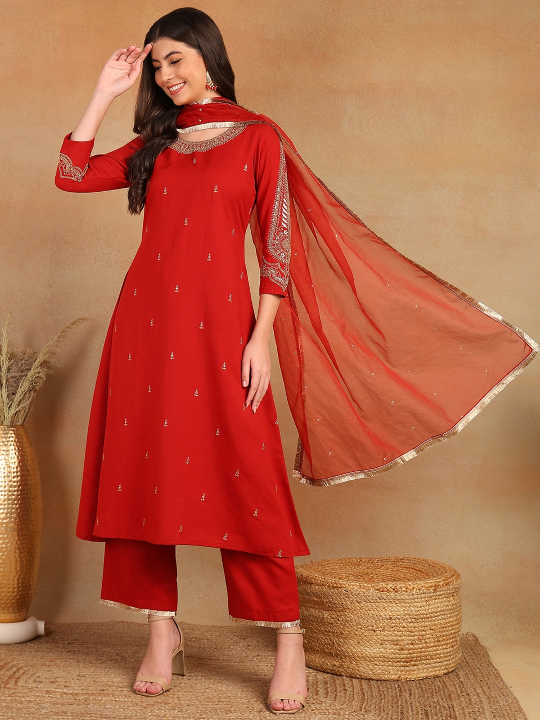 Women's Red Silk Blend Solid Embroidered A-Line Kurta Trouser With Dupatta - Ahika