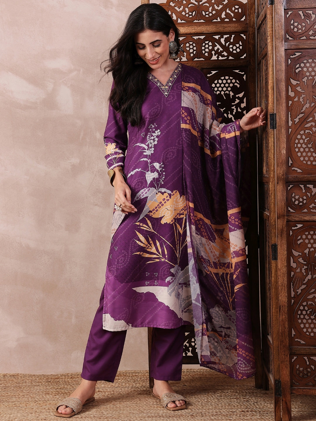 Women's Purple Silk Blend Floral Printed Straight Kurta Trouser With Dupatta - Ahika