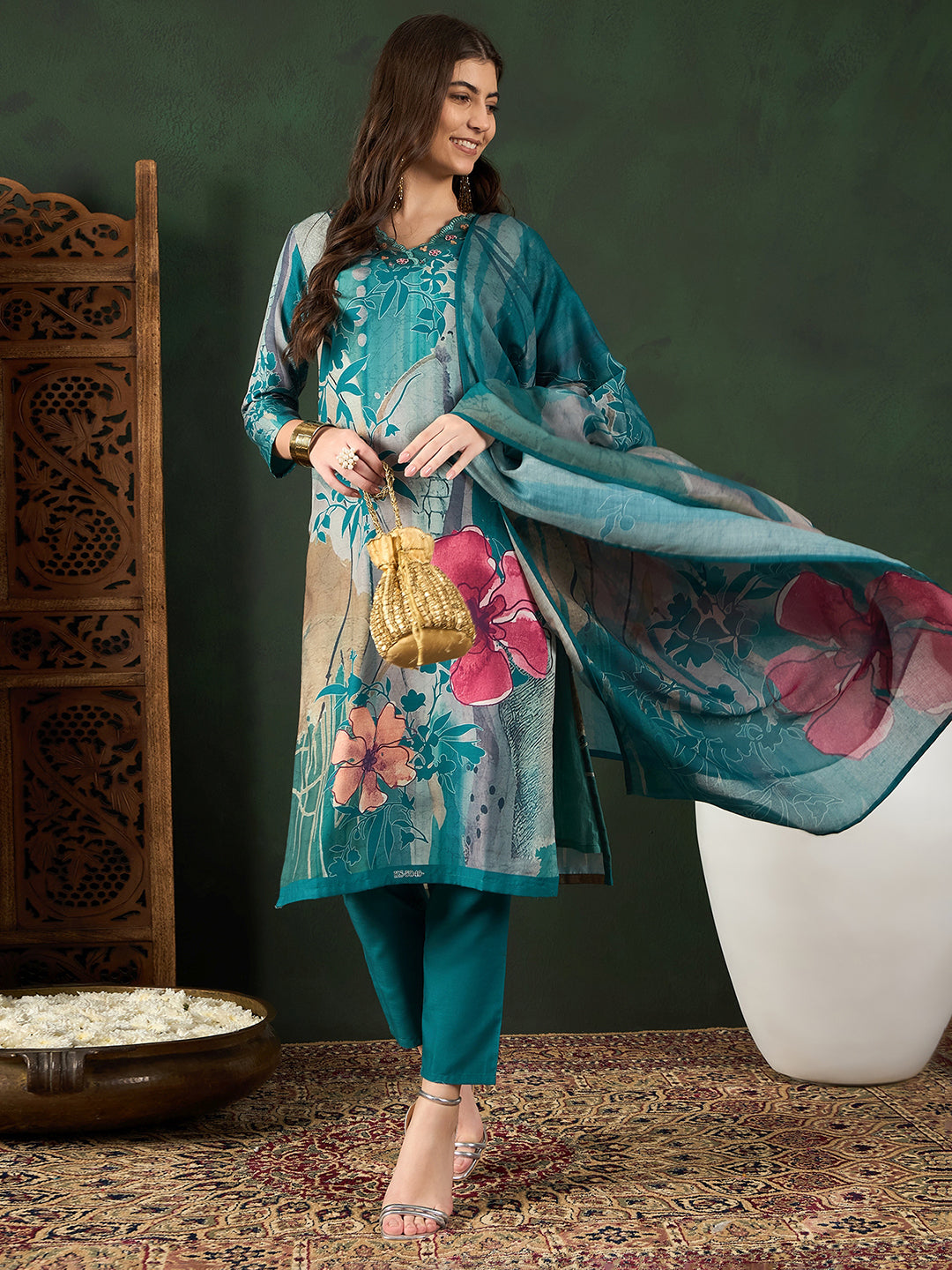 Women's Teal Silk Blend Floral Printed Straight Kurta Trouser With Dupatta - Ahika