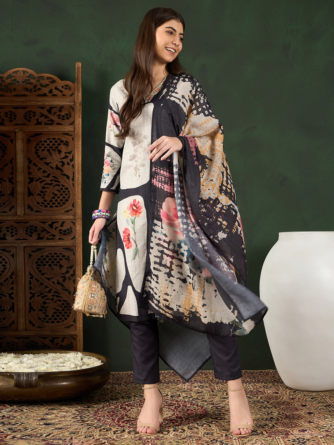 Women's Black Silk Blend Floral Printed Straight Kurta Trouser With Dupatta - Ahika