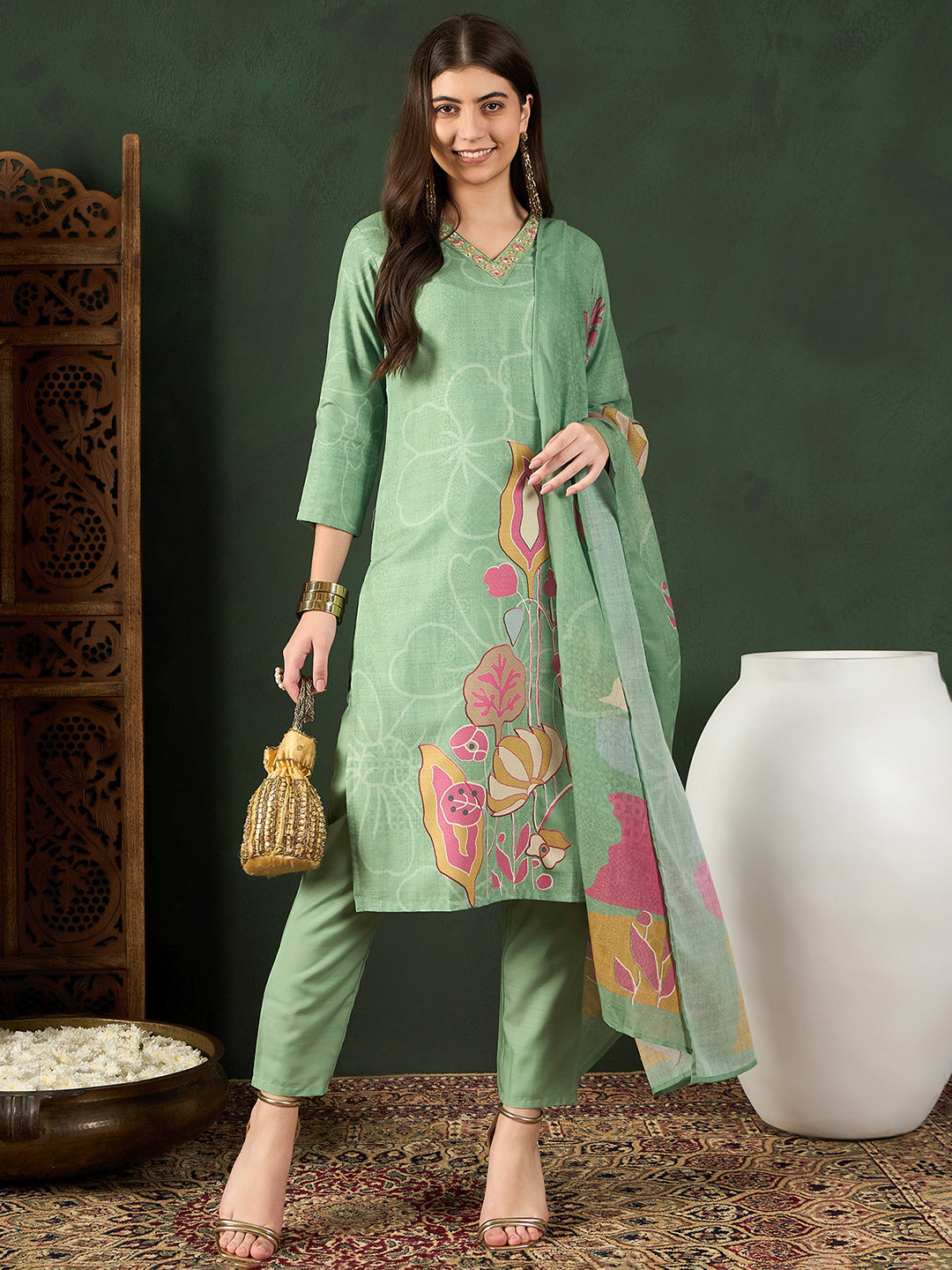 Women's Green Silk Blend Floral Printed Straight Kurta Trouser With Dupatta - Ahika