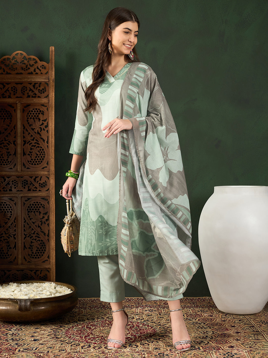 Women's Green Silk Blend Abstract Printed Straight Kurta Trouser With Dupatta - Ahika