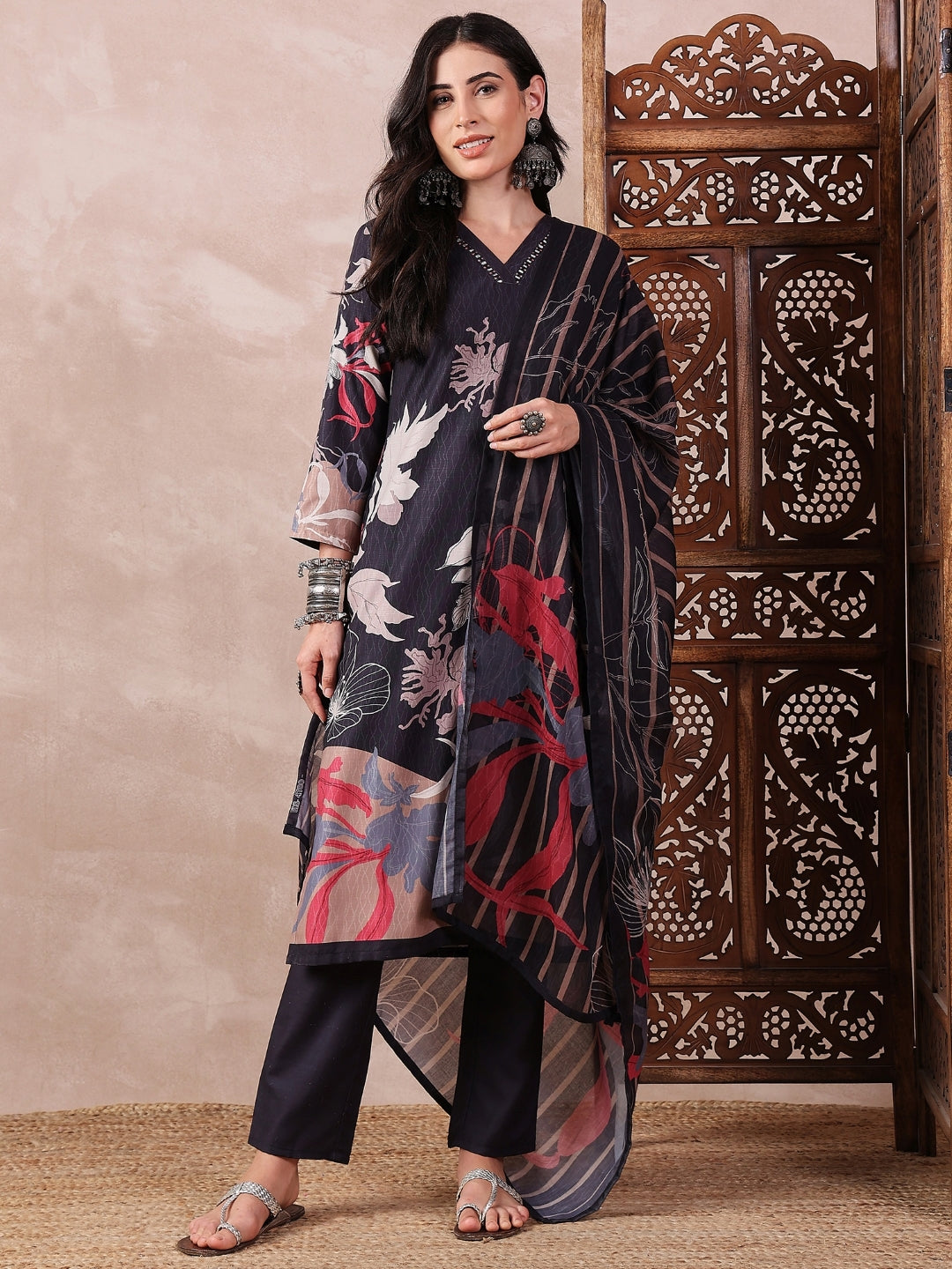 Women's Black Silk Blend Floral Printed Straight Kurta Trouser With Dupatta - Ahika