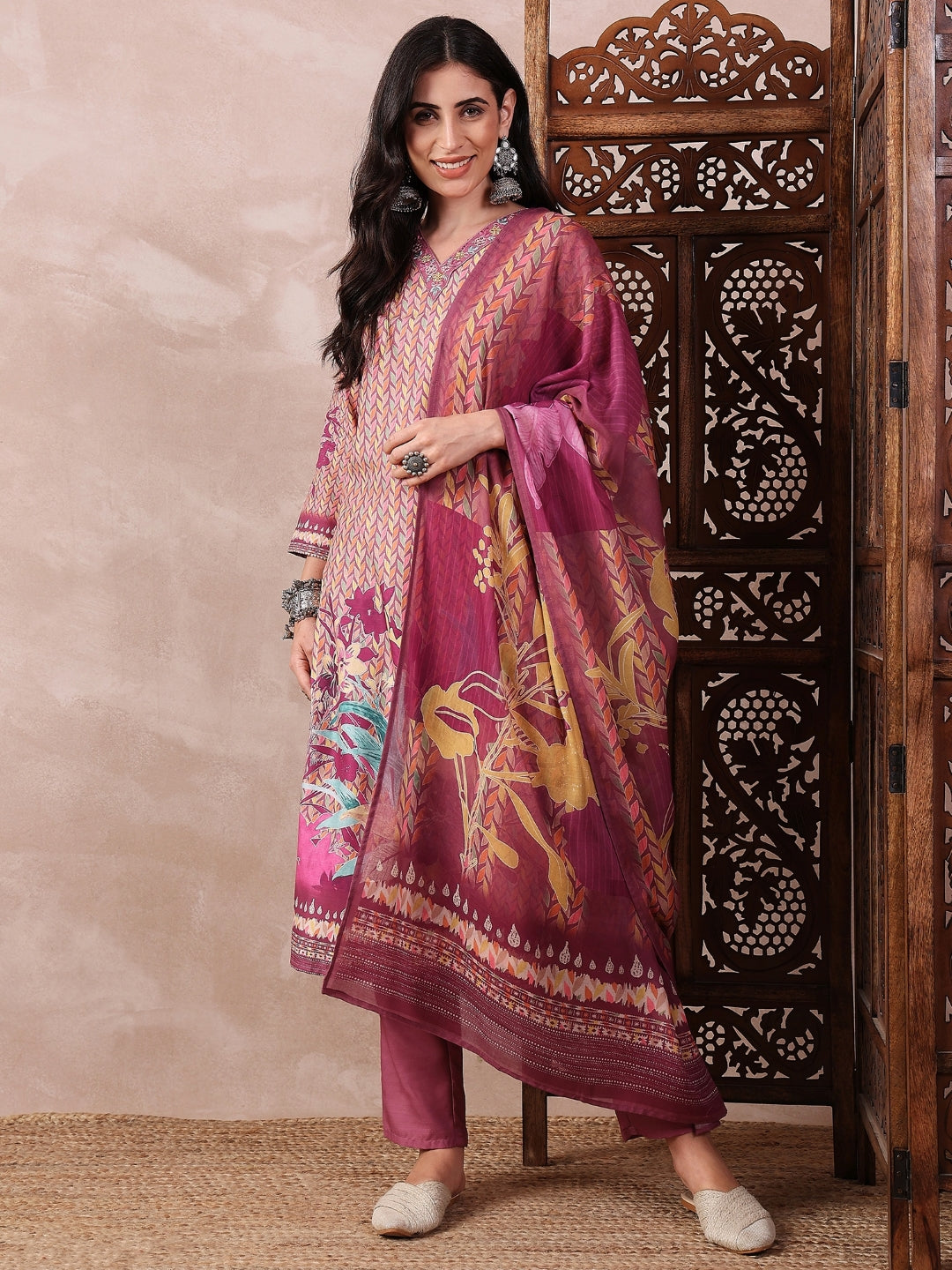 Women's Multi Silk Blend Floral Printed Straight Kurta Trouser With Dupatta - Ahika