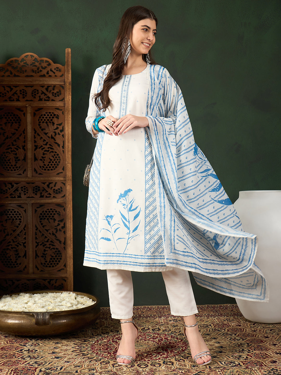 Women's Off White Silk Blend Geometric Printed Straight Kurta Trouser With Dupatta - Ahika