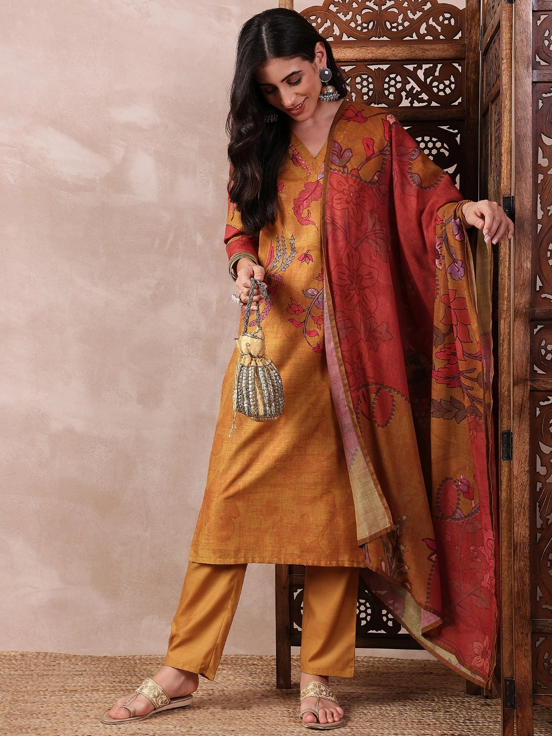 Women's Mustard Silk Blend Floral Printed Straight Kurta Trouser With Dupatta - Ahika