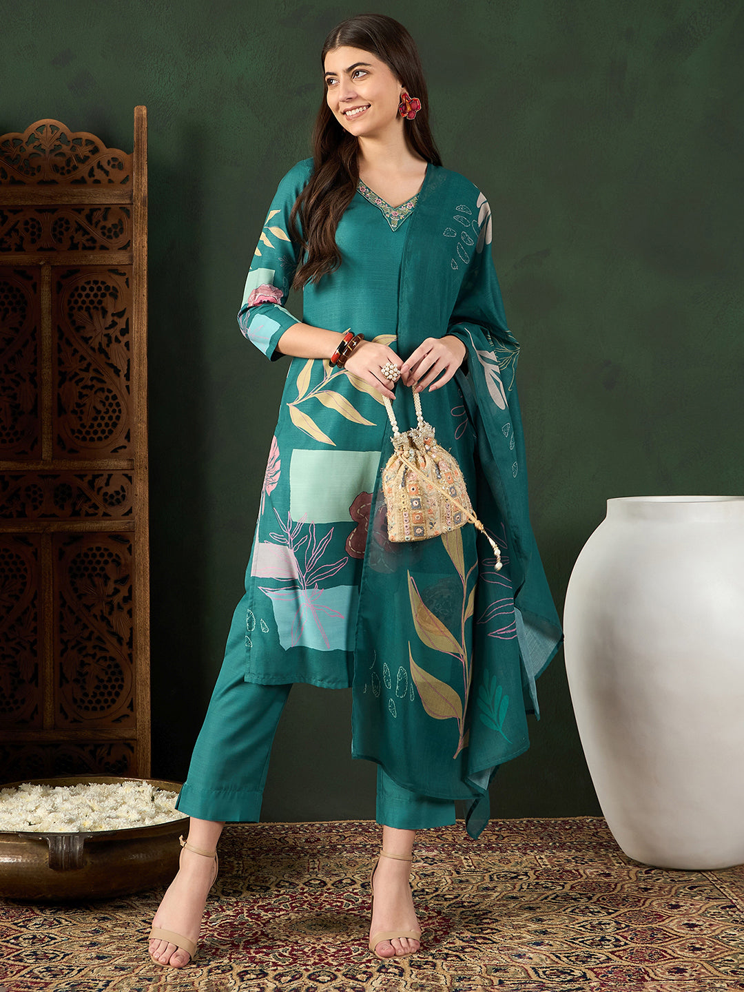 Women's Teal Silk Blend Floral Printed Straight Kurta Trouser With Dupatta - Ahika