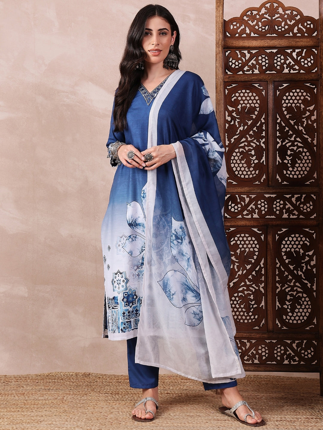 Women's Blue Silk Blend Abstract Printed Straight Kurta Trouser With Dupatta - Ahika