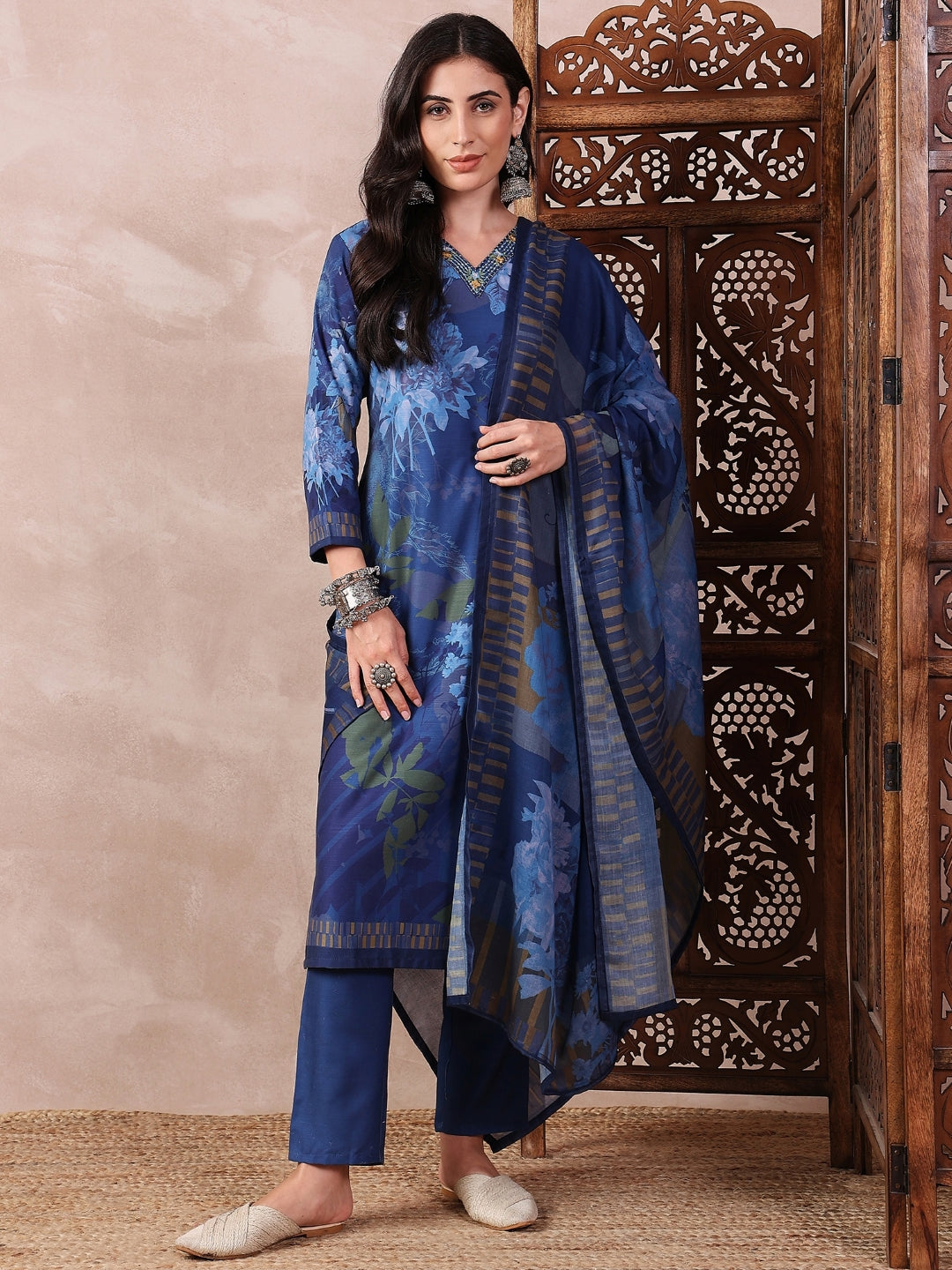 Women's Blue Silk Blend Floral Printed Straight Kurta Trouser With Dupatta - Ahika