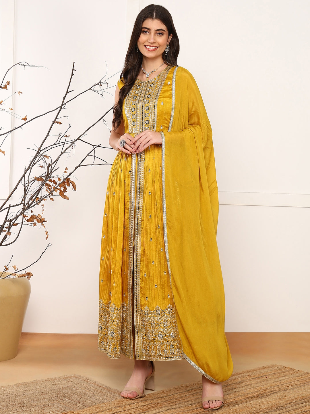 Women's Mustard Silk Blend Solid Embroidered A-Line Kurta Trouser With Dupatta - Ahika