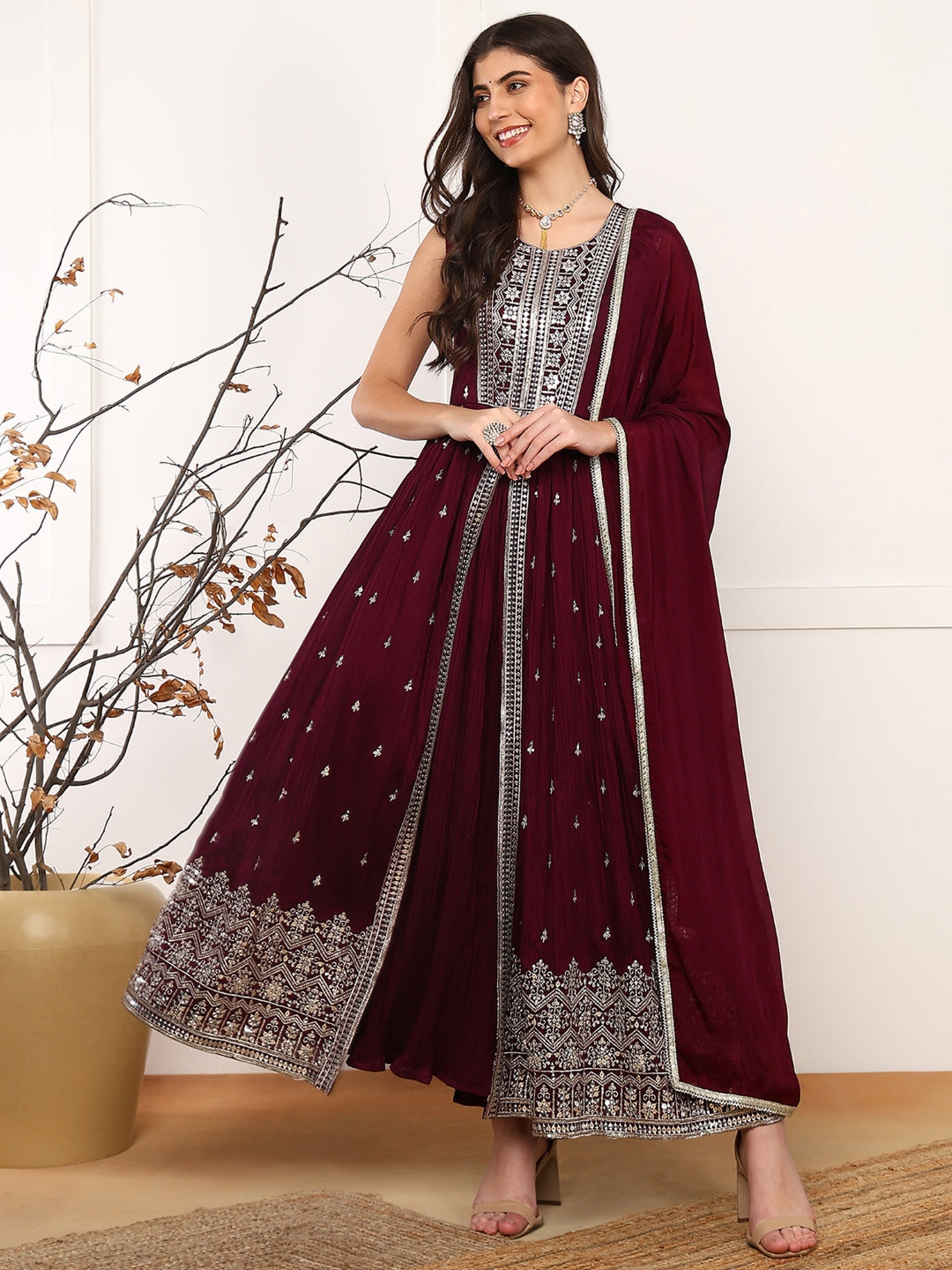 Women's Burgundy Silk Blend Solid Embroidered A-Line Kurta Trouser With Dupatta - Ahika