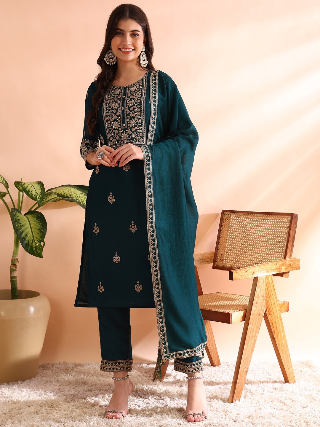 Women's Teal Silk Blend Solid Embroidered Straight Kurta Trousers With Dupatta - Ahika