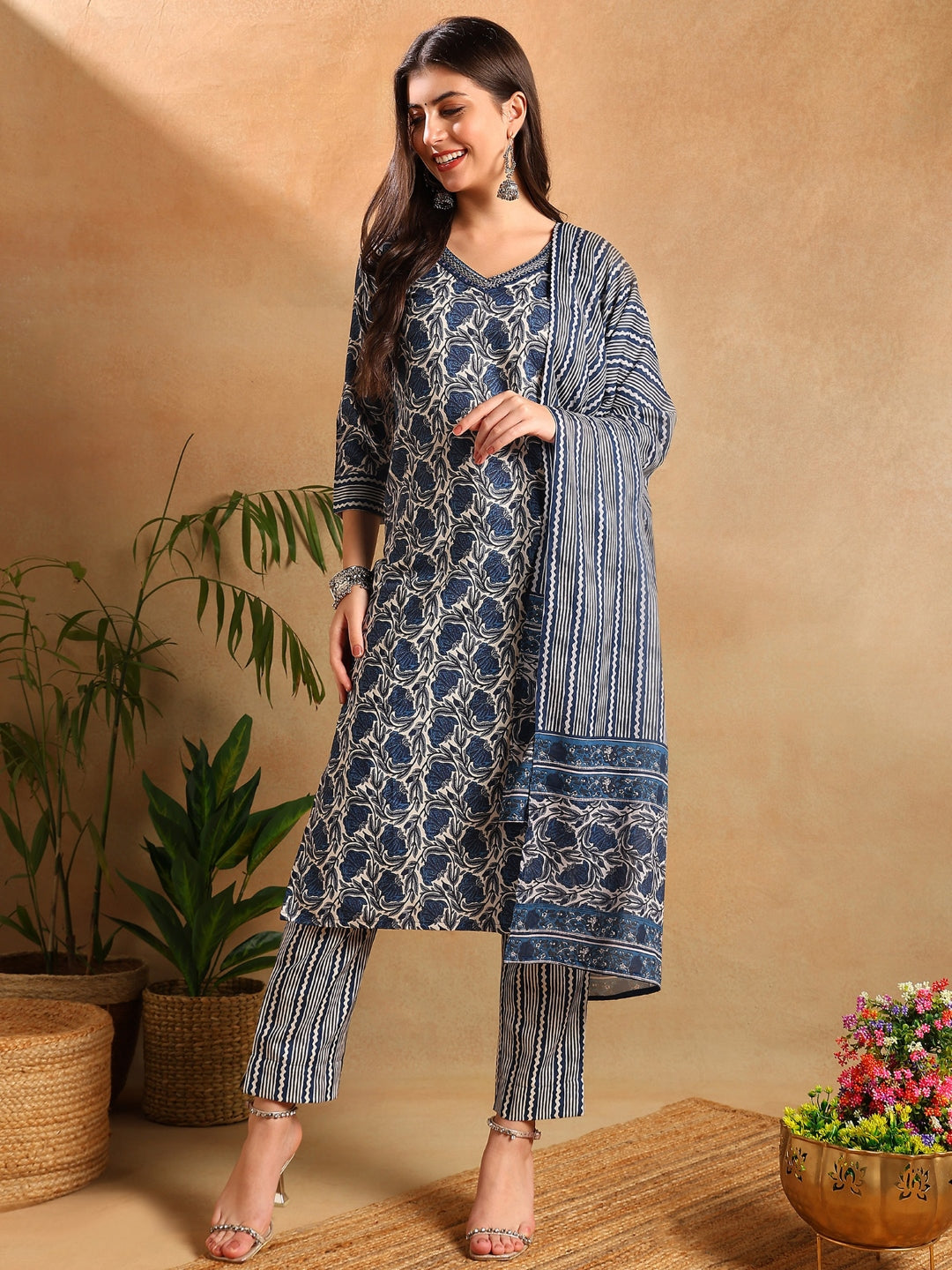 Women's Blue Poly Rayon Floral Printed Straight Kurta Trouser With Dupatta - Ahika