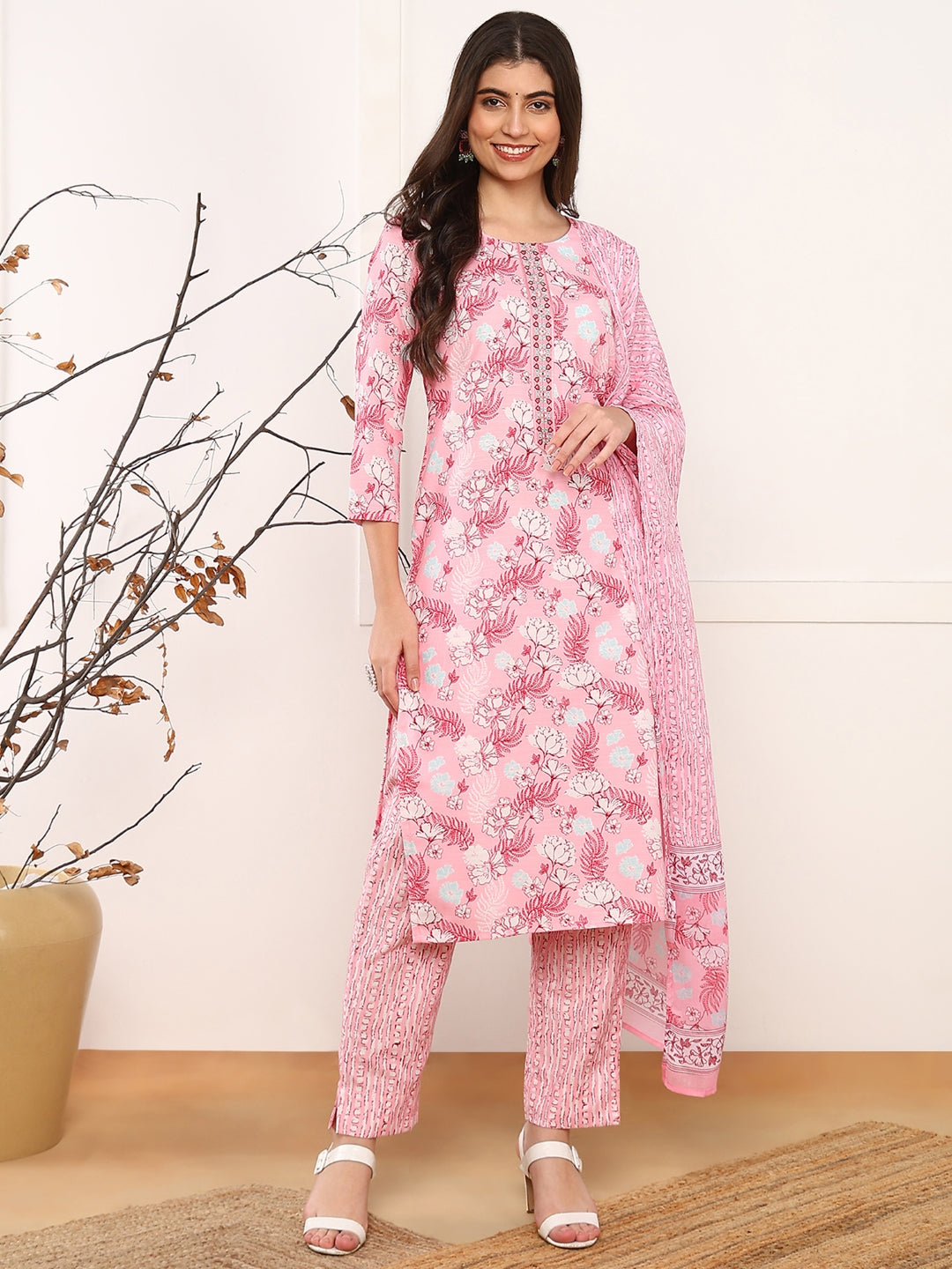 Women's Pink Poly Rayon Floral Printed Straight Kurta Trouser With Dupatta - Ahika