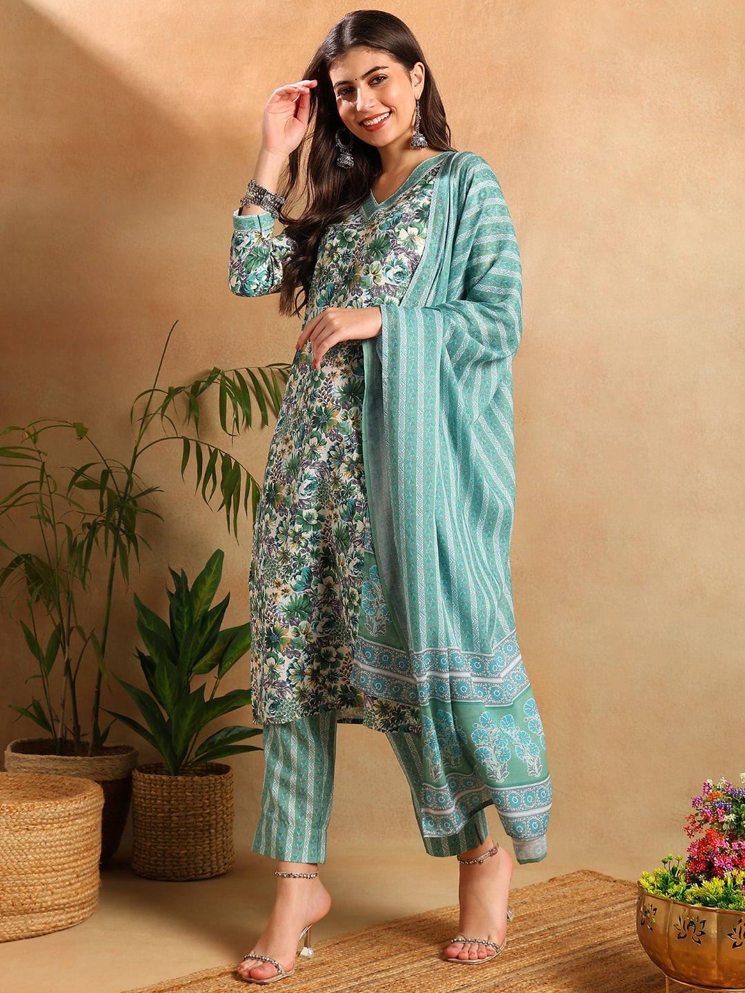 Women's Green Poly Rayon Floral Printed Straight Kurta Trouser With Dupatta - Ahika