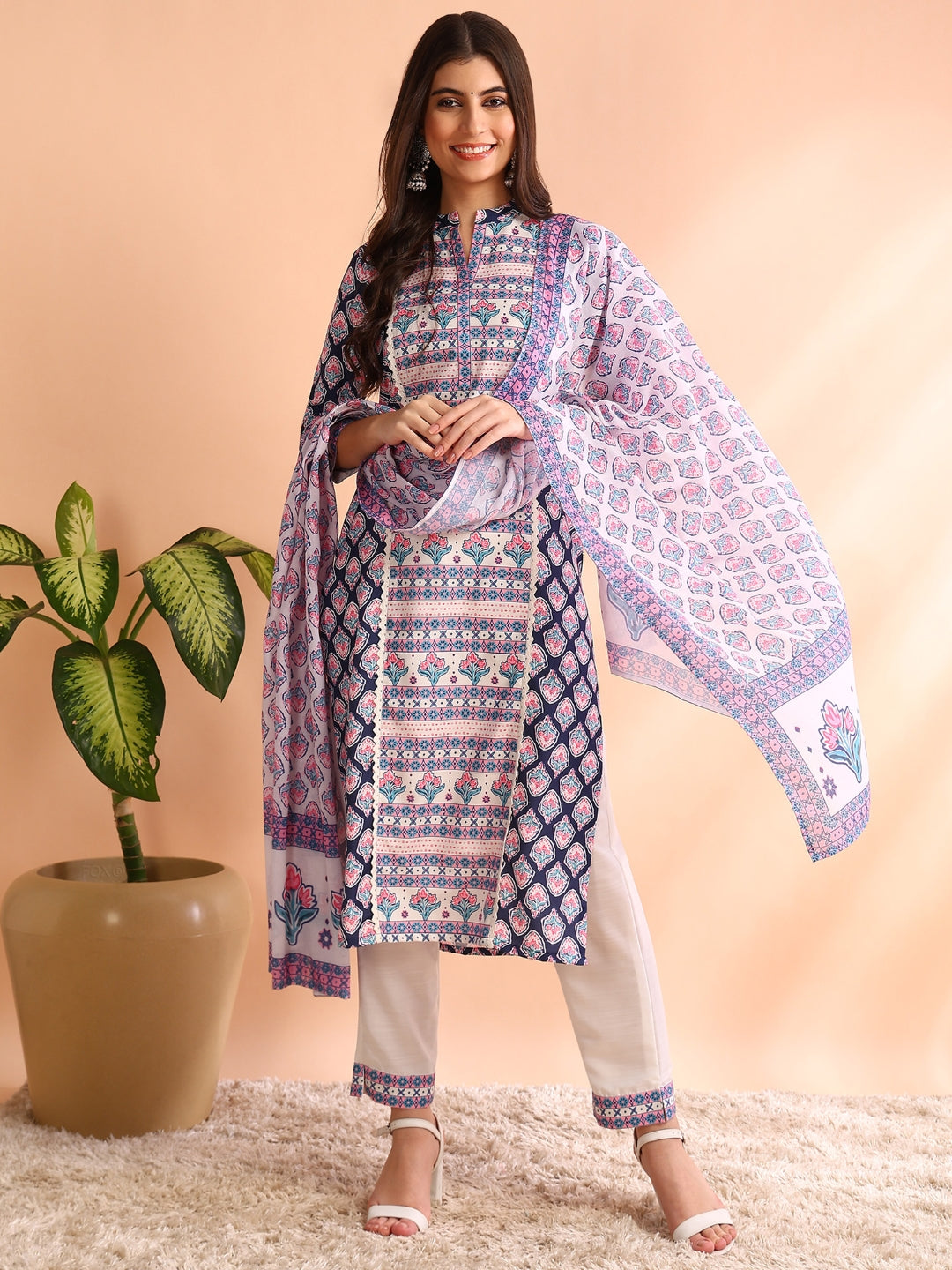 Women's Blue Poly Rayon Ethnic Motifs Printed Straight Kurta Trouser With Dupatta - Ahika