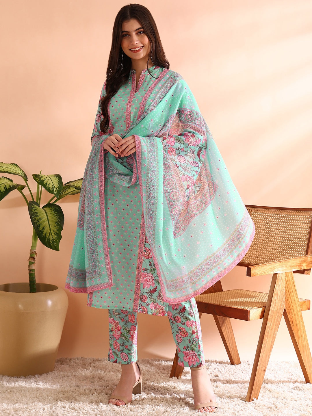 Women's Turquoise Blue Poly Rayon Floral Printed Straight Kurta Trousers With Dupatta - Ahika