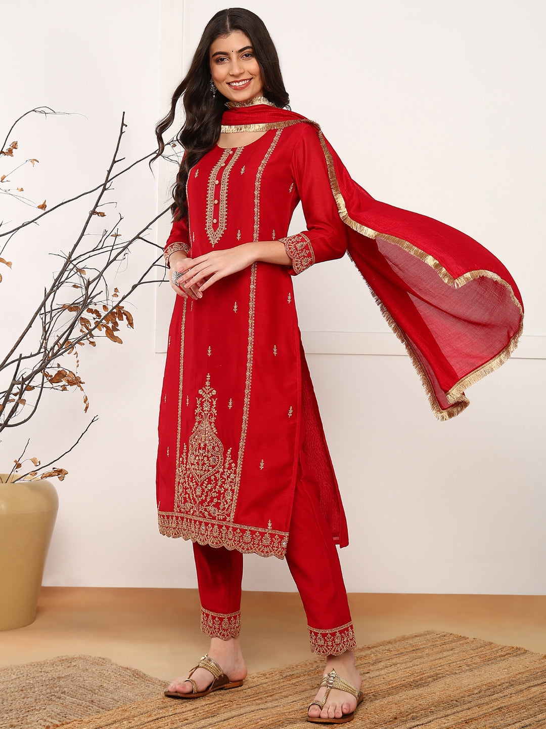 Women's Red Silk Blend Solid Embroidered Straight Kurta Trouser With Dupatta - Ahika