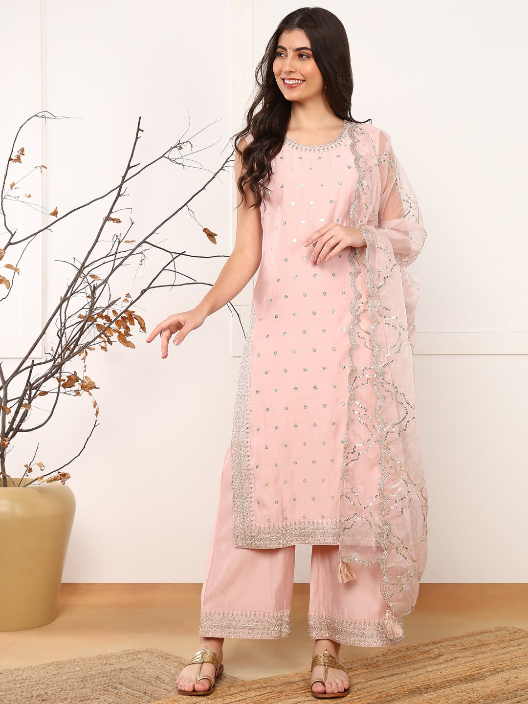 Women's Pink Silk Blend Solid Embroidered Straight Kurta Palazzo With Dupatta - Ahika