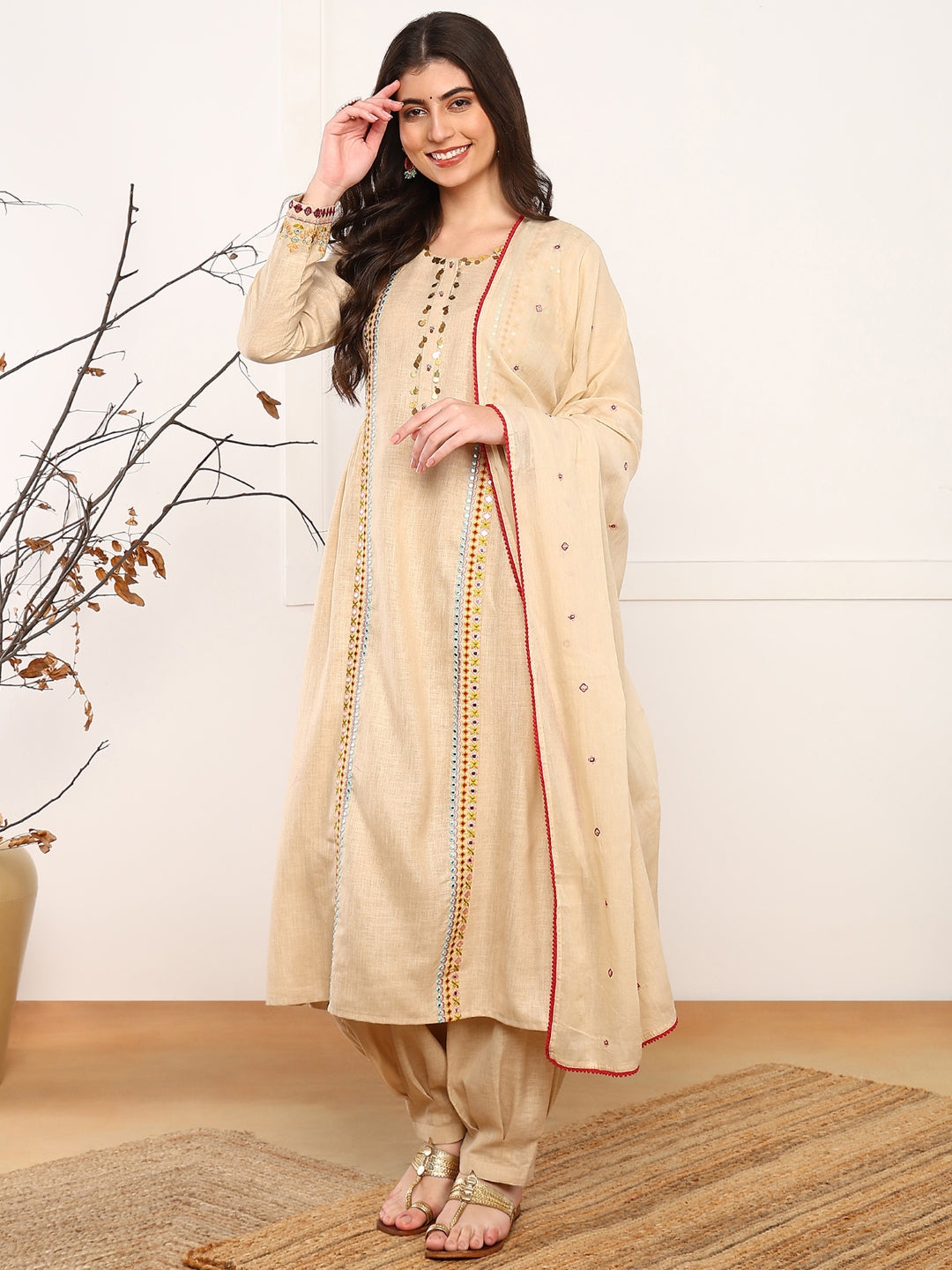 Women's Beige Viscose Rayon Solid Embroidered A-Line Kurta Salwar With Dupatta - Ahika