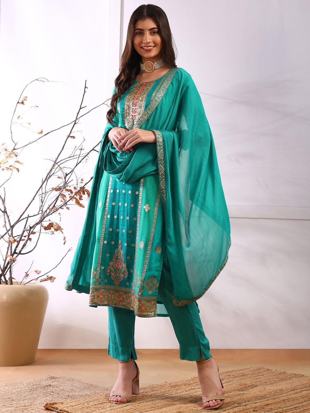 Women's Teal Organza Abstract Woven Design Straight Kurta Trouser With Dupatta - Ahika