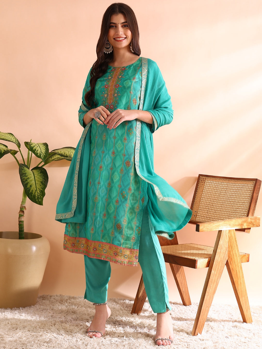 Women's Sea Green Silk Blend Ethnic Motifs Woven Design Straight Kurta Trousers With Dupatta - Ahika