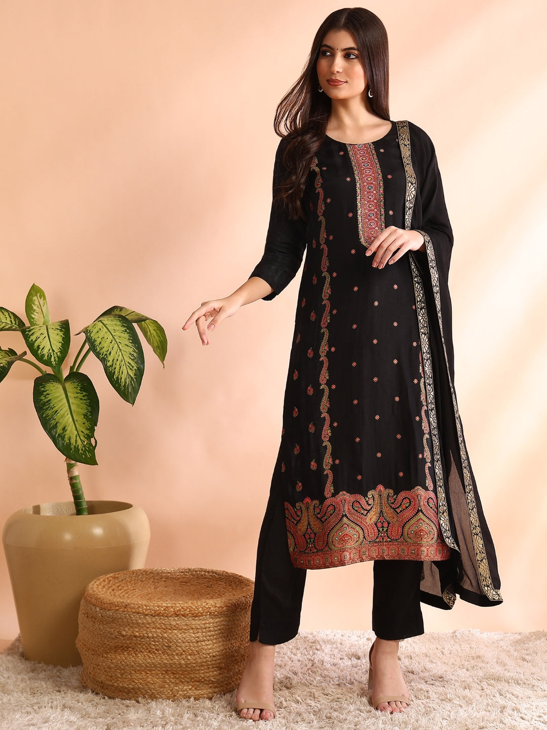 Women's Black Silk Blend Geometric Woven Design Straight Kurta Trouser With Dupatta - Ahika