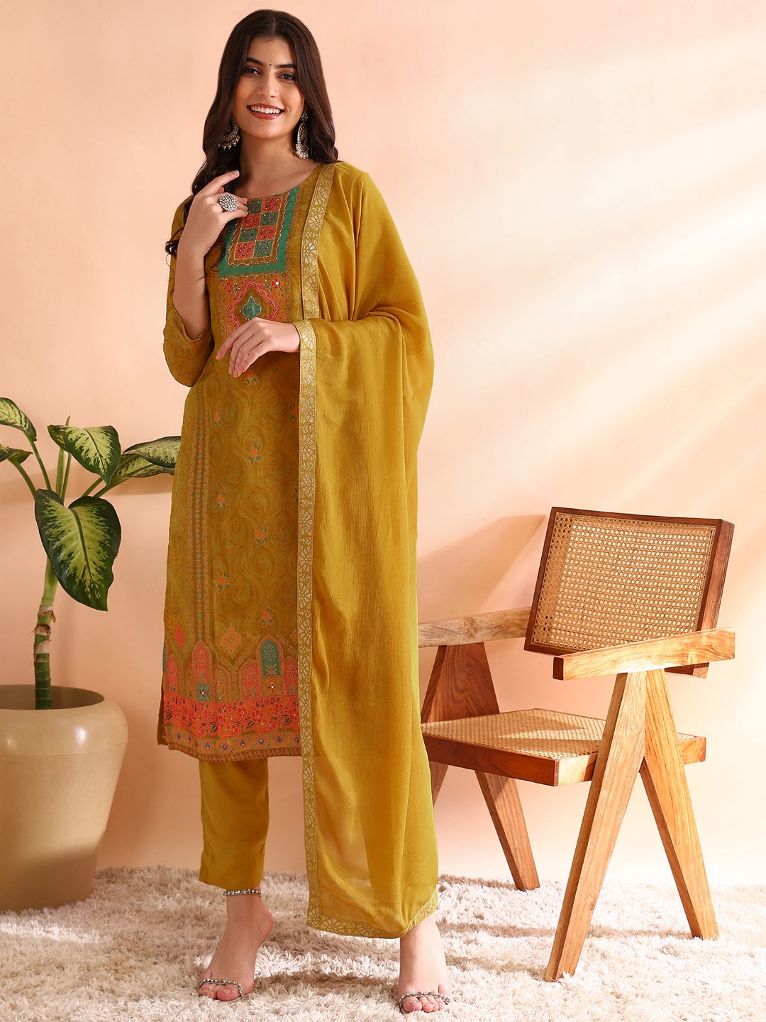 Women's Mustard Silk Blend Abstract Woven Design Straight Kurta Trousers With Dupatta - Ahika