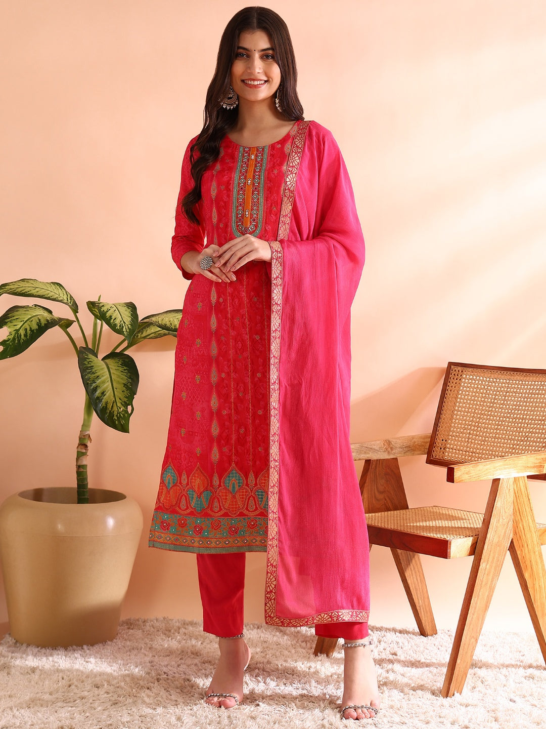 Women's Pink Chanderi Silk Ethnic Motifs Woven Design Straight Kurta Trousers With Dupatta - Ahika