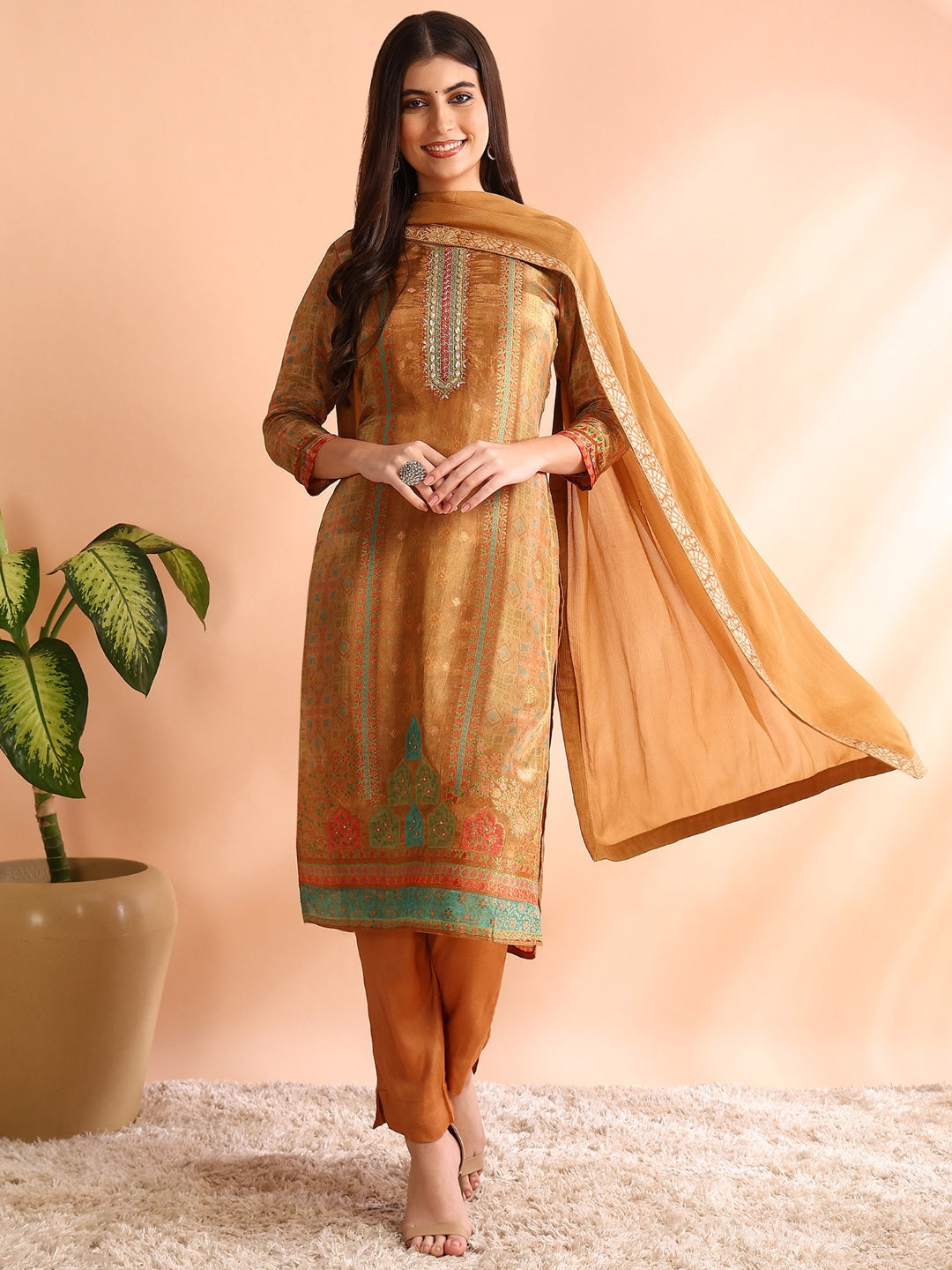 Women's Khaki Silk Blend Geometric Woven Design Straight Kurta Trouser With Dupatta - Ahika