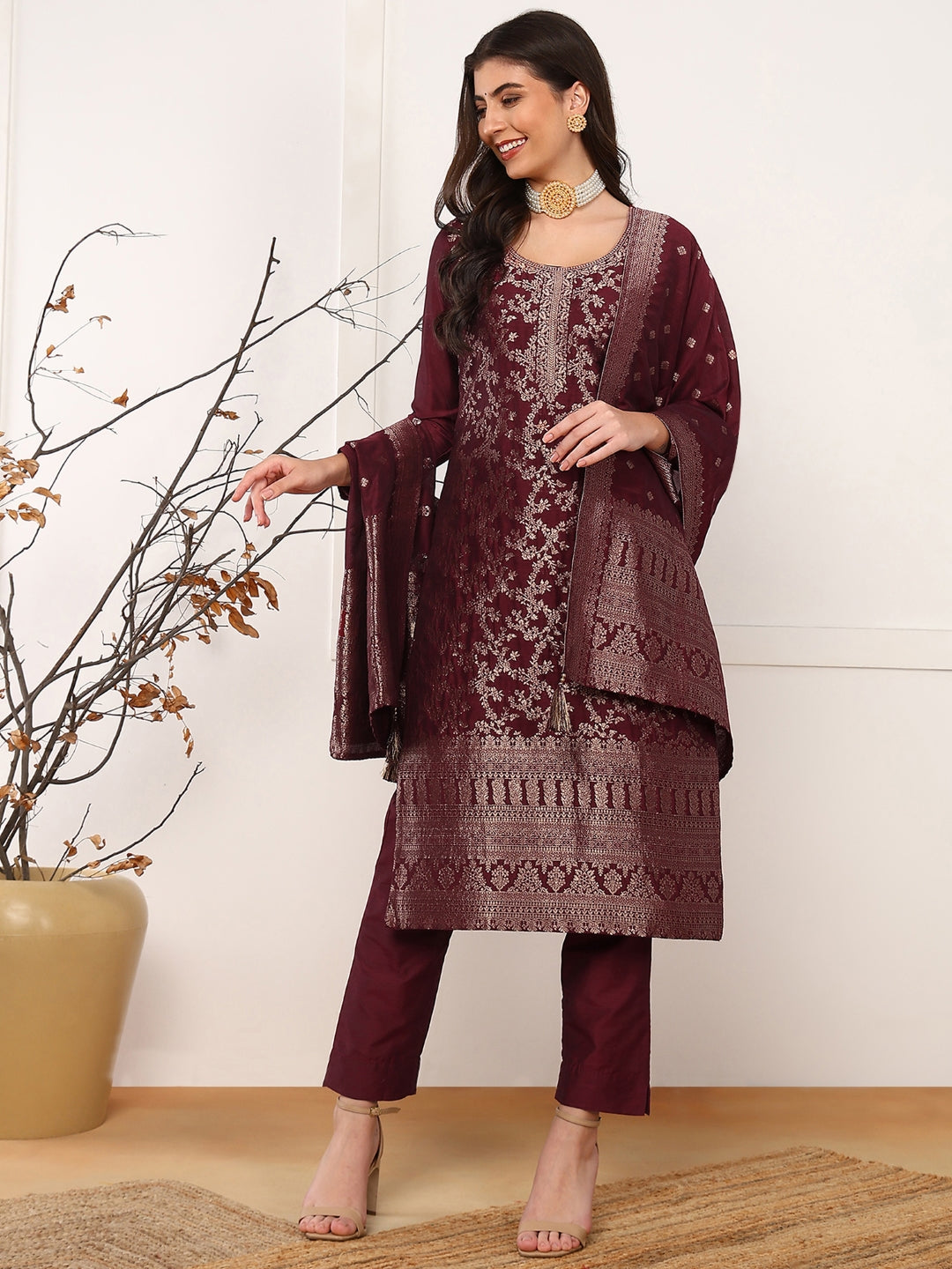 Women's Maroon Chanderi Cotton Solid Woven Design Straight Kurta Trouser With Dupatta - Ahika