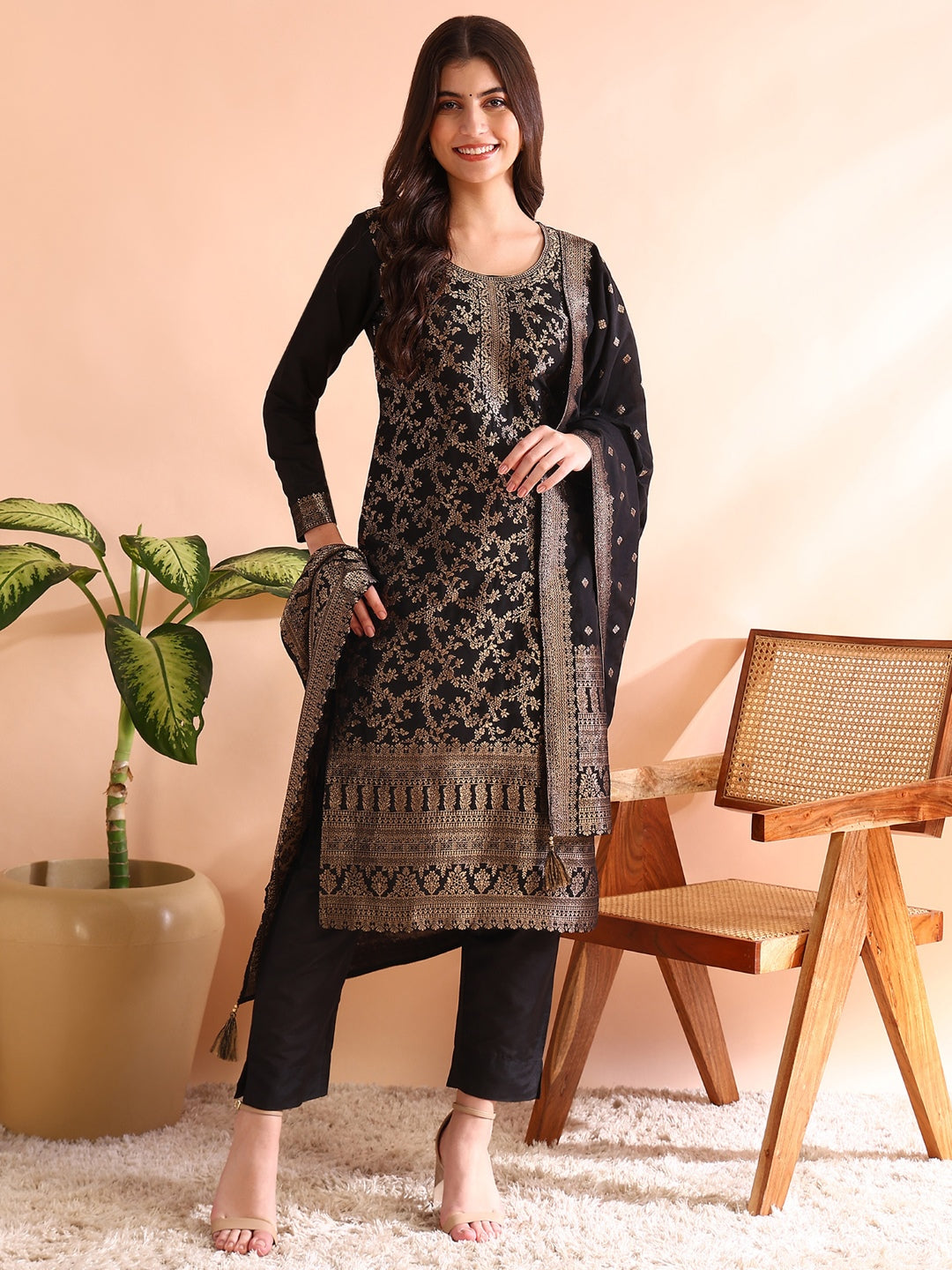 Women's Black Chanderi Cotton Woven Design Straight Kurta Trousers With Dupatta - Ahika