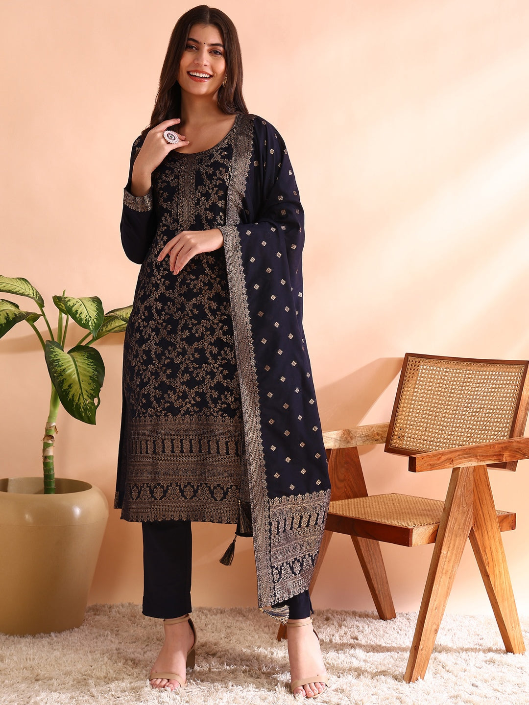 Women's Navy Blue Chanderi Cotton Woven Design Straight Kurta Trousers With Dupatta - Ahika