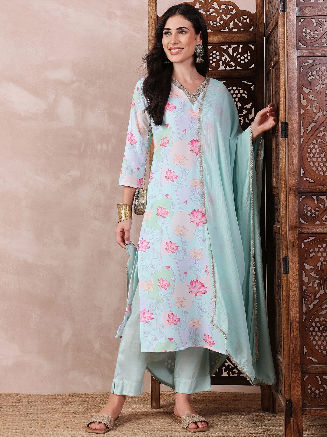 Women's Blue Polyester Floral Printed Straight Kurta Trouser With Dupatta - Ahika