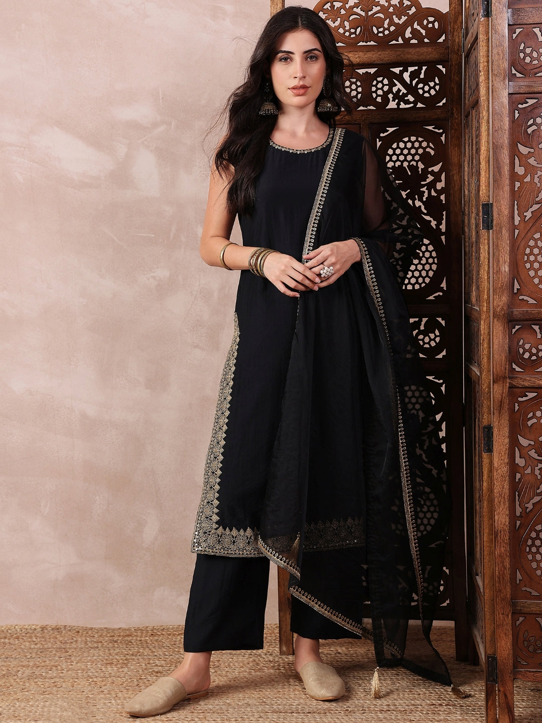 Women's Black Silk Blend Solid Embroidered Straight Kurta Trouser With Dupatta - Ahika