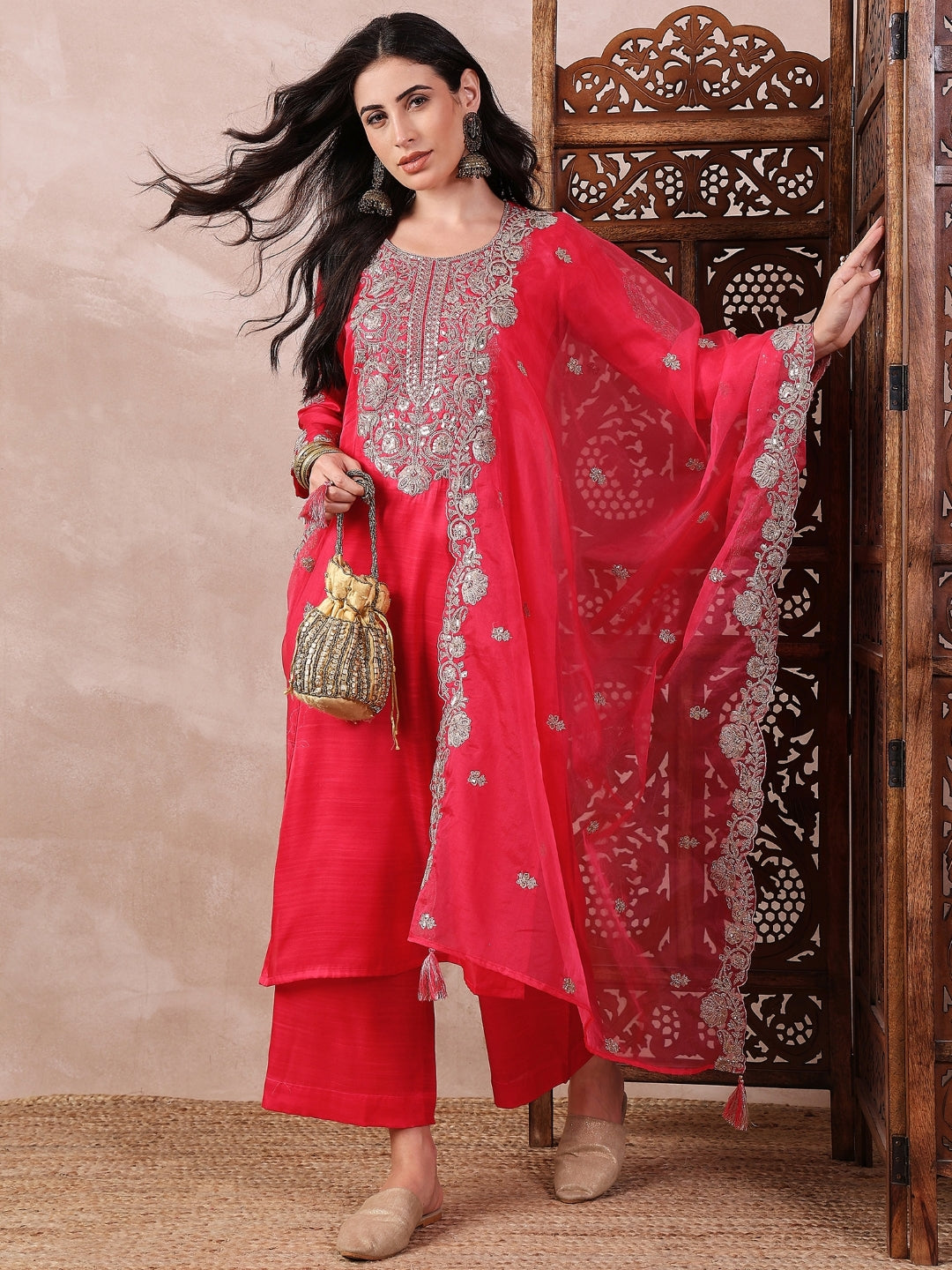 Women's Pink Silk Blend Solid Embroidered Straight Kurta Palazzo With Dupatta - Ahika