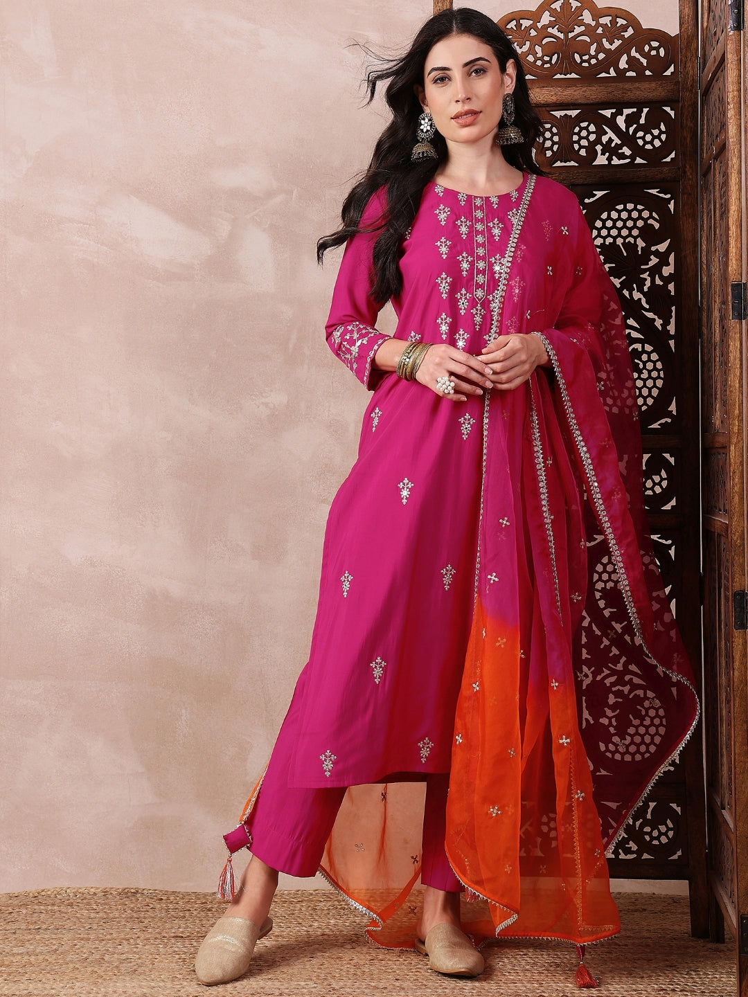 Women's Pink Silk Blend Solid Embroidered Straight Kurta Trouser With Dupatta - Ahika