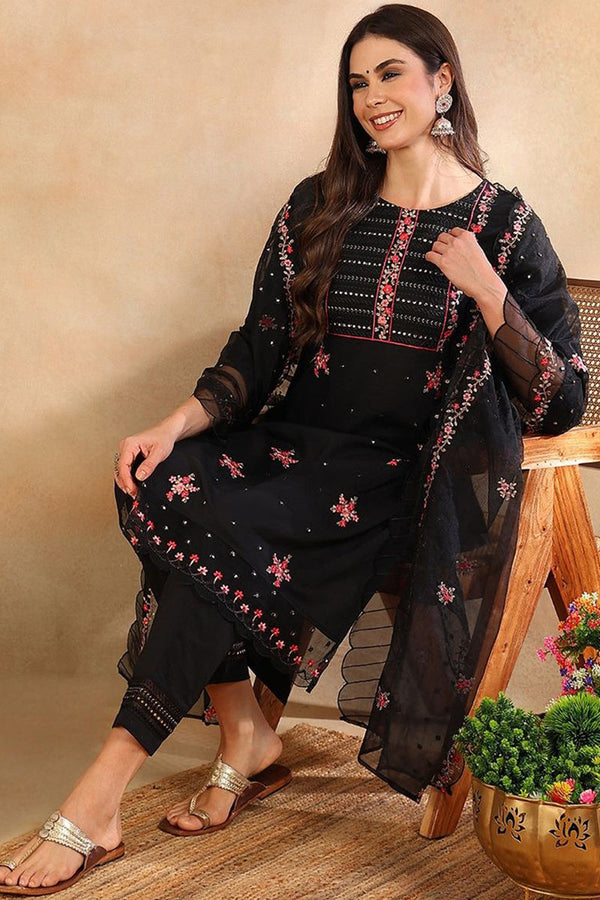 Women's Black Silk Blend Solid Embroidered Straight Kurta Trouser With Dupatta - Ahika