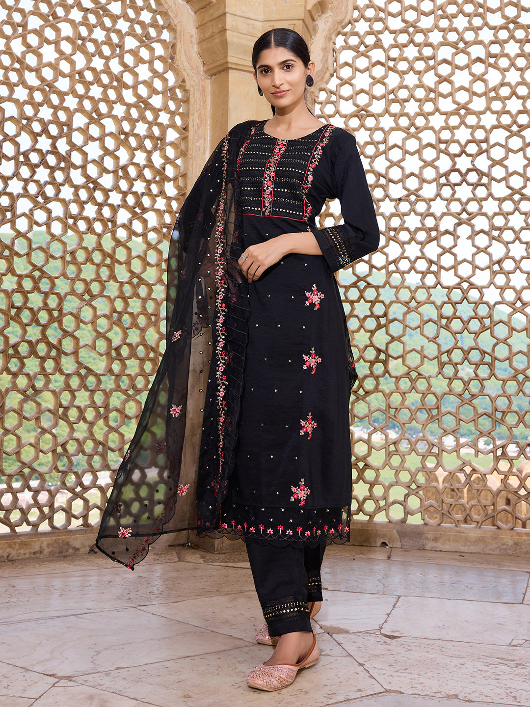 Women's Black Silk Blend Solid Embroidered Straight Kurta Trouser With Dupatta - Ahika