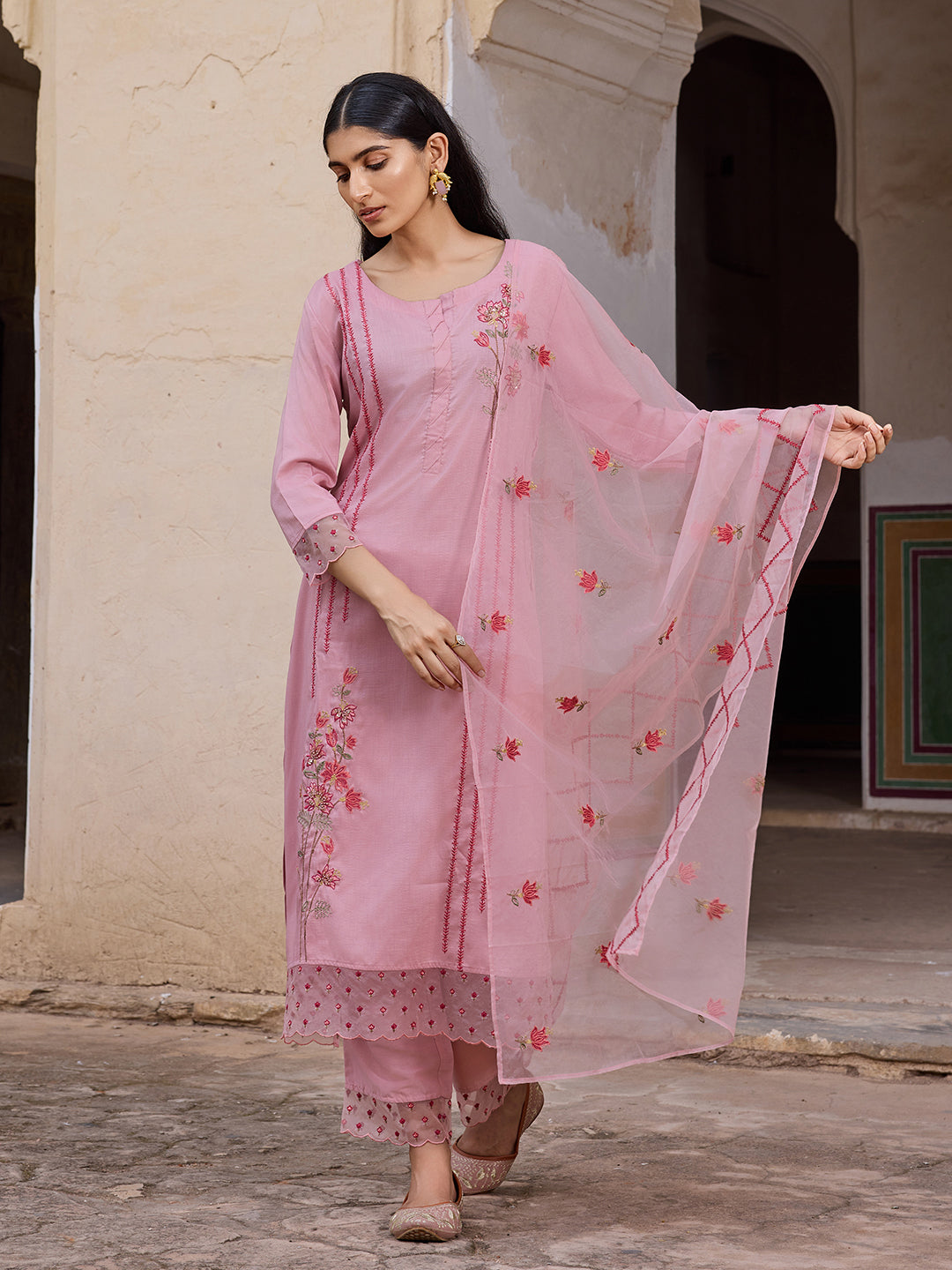 Women's Pink Silk Blend Solid Embroidered Straight Kurta Trouser With Dupatta - Ahika