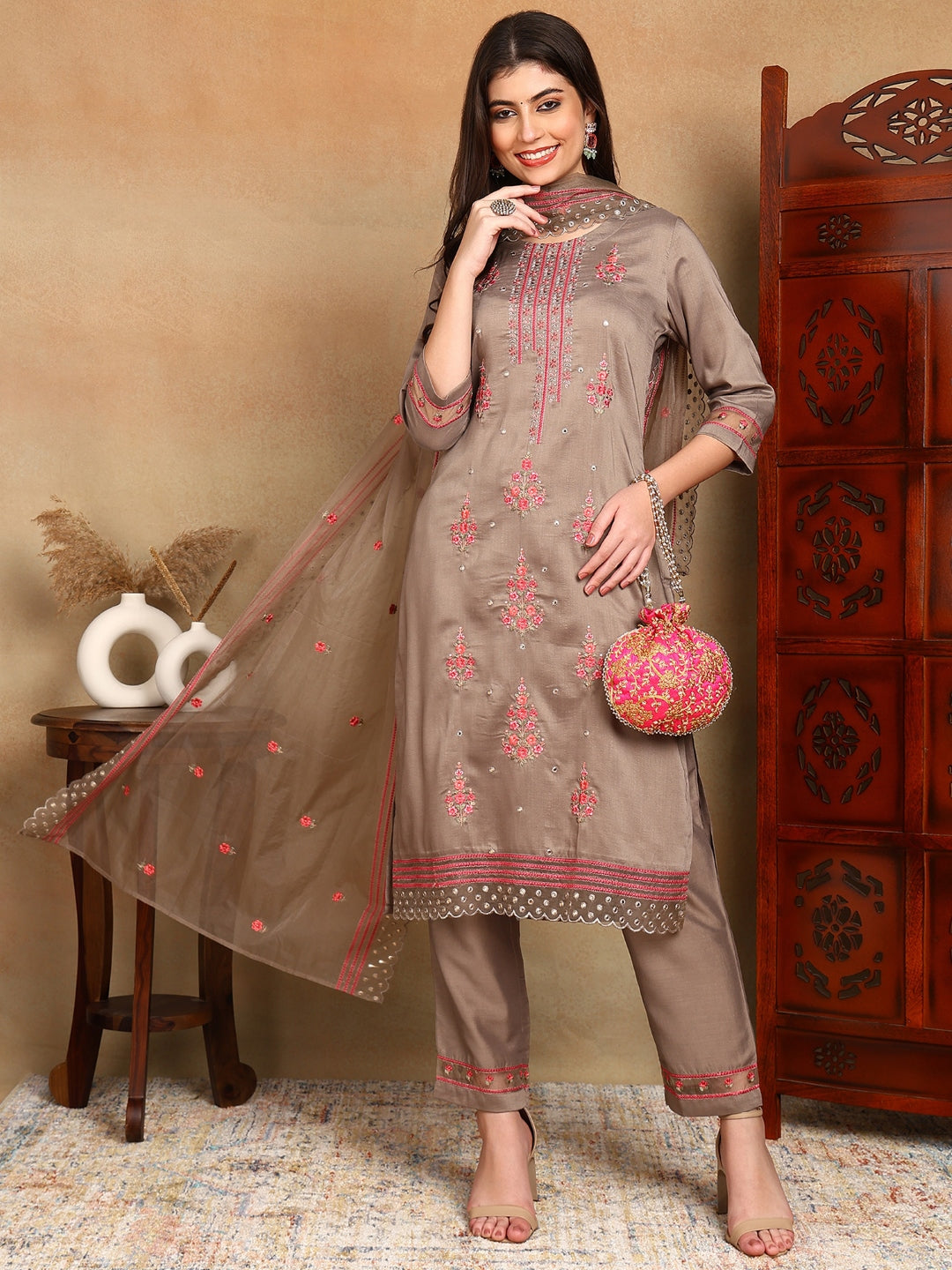 Women's Brown Silk Blend Embroidered Kurta Trouser With Dupatta - Ahika