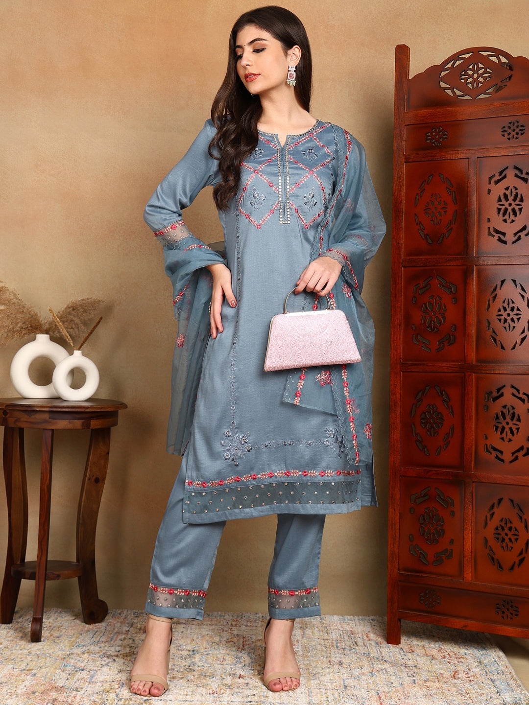 Women's Blue Silk Blend Embroidered Kurta Trouser With Dupatta - Ahika