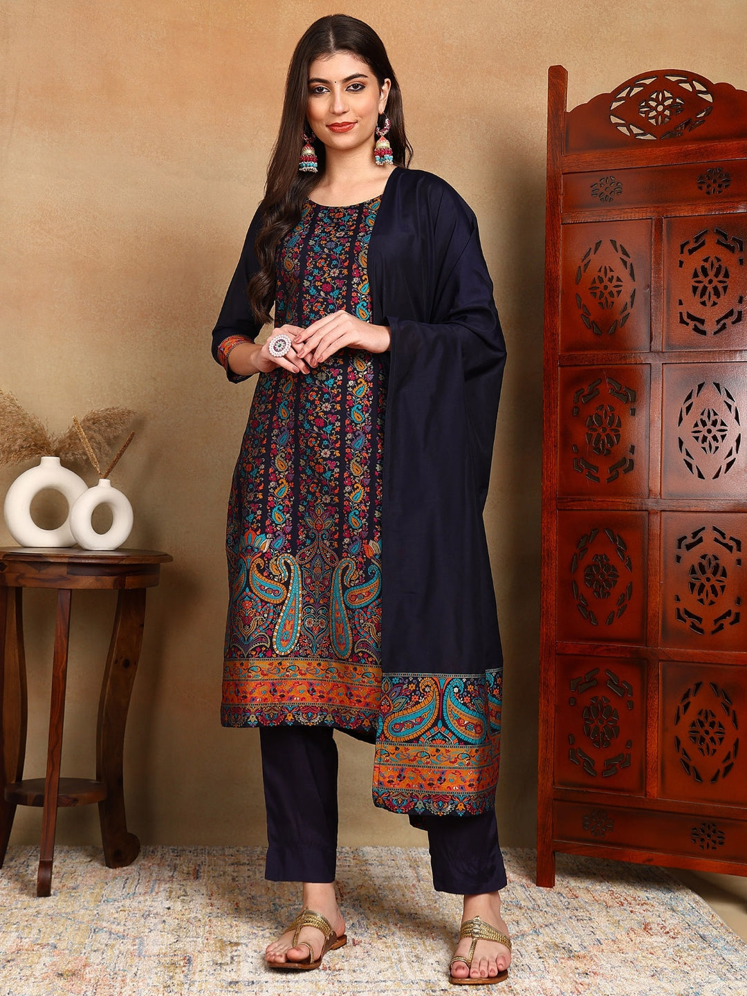 Women's Navy Blue Silk Blend Woven Design Kurta Trouser With Dupatta - Ahika