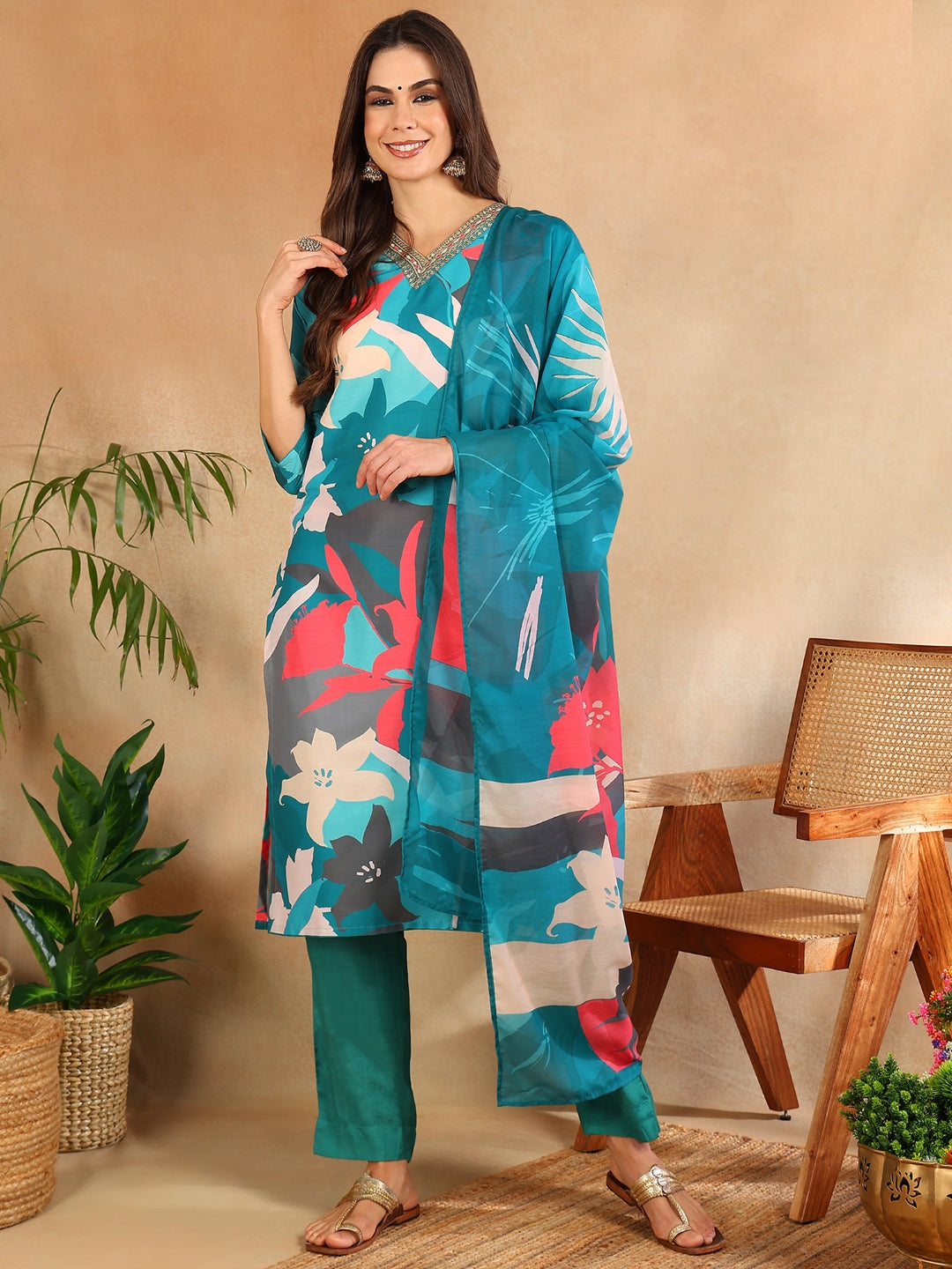 Women's Teal Silk Blend Floral Printed Straight Kurta Trouser With Dupatta - Ahika