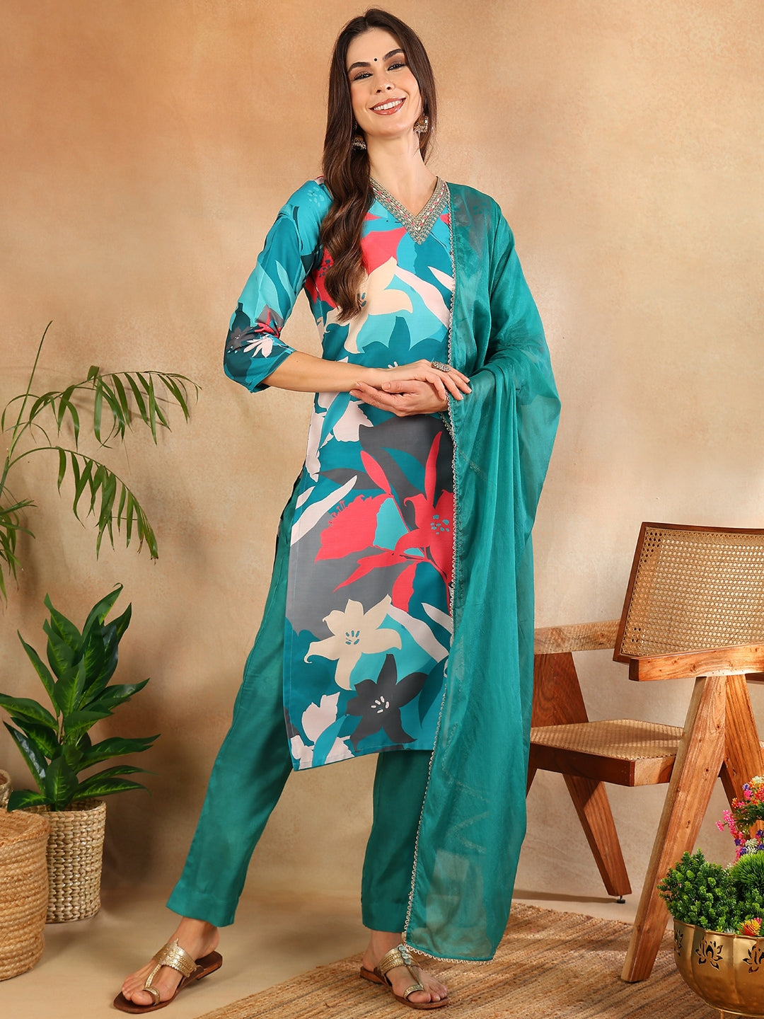 Women's Teal Silk Blend Floral Printed Straight Kurta Trouser With Dupatta - Ahika