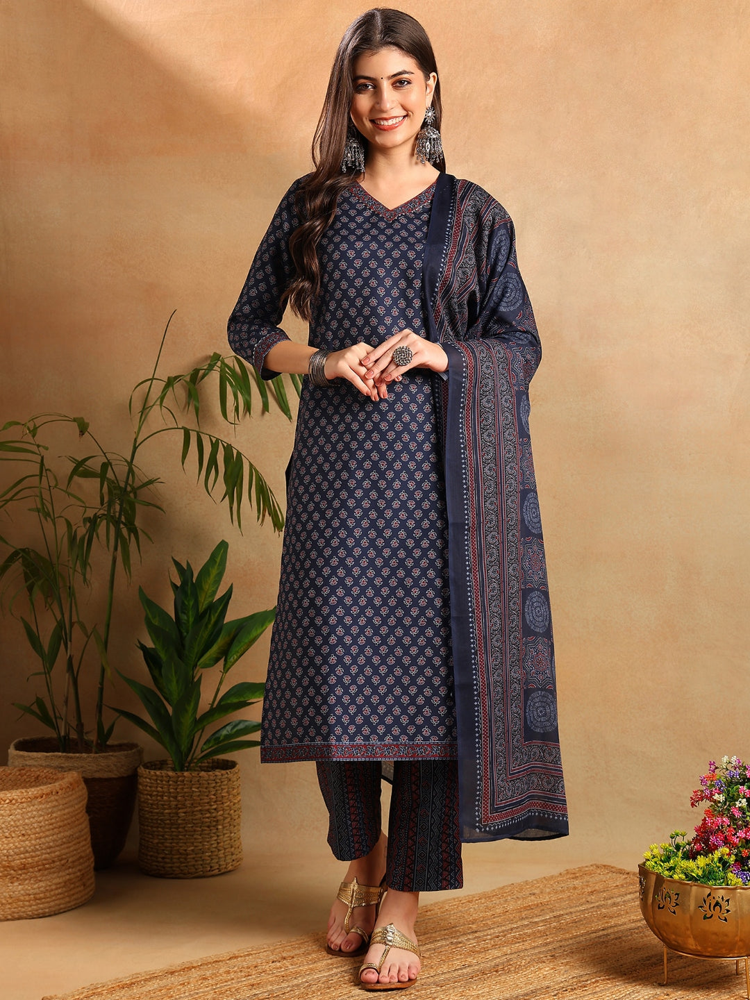 Women's Navy Blue Poly Rayon Ajrakh Printed Straight Kurta Trouser With Dupatta - Ahika