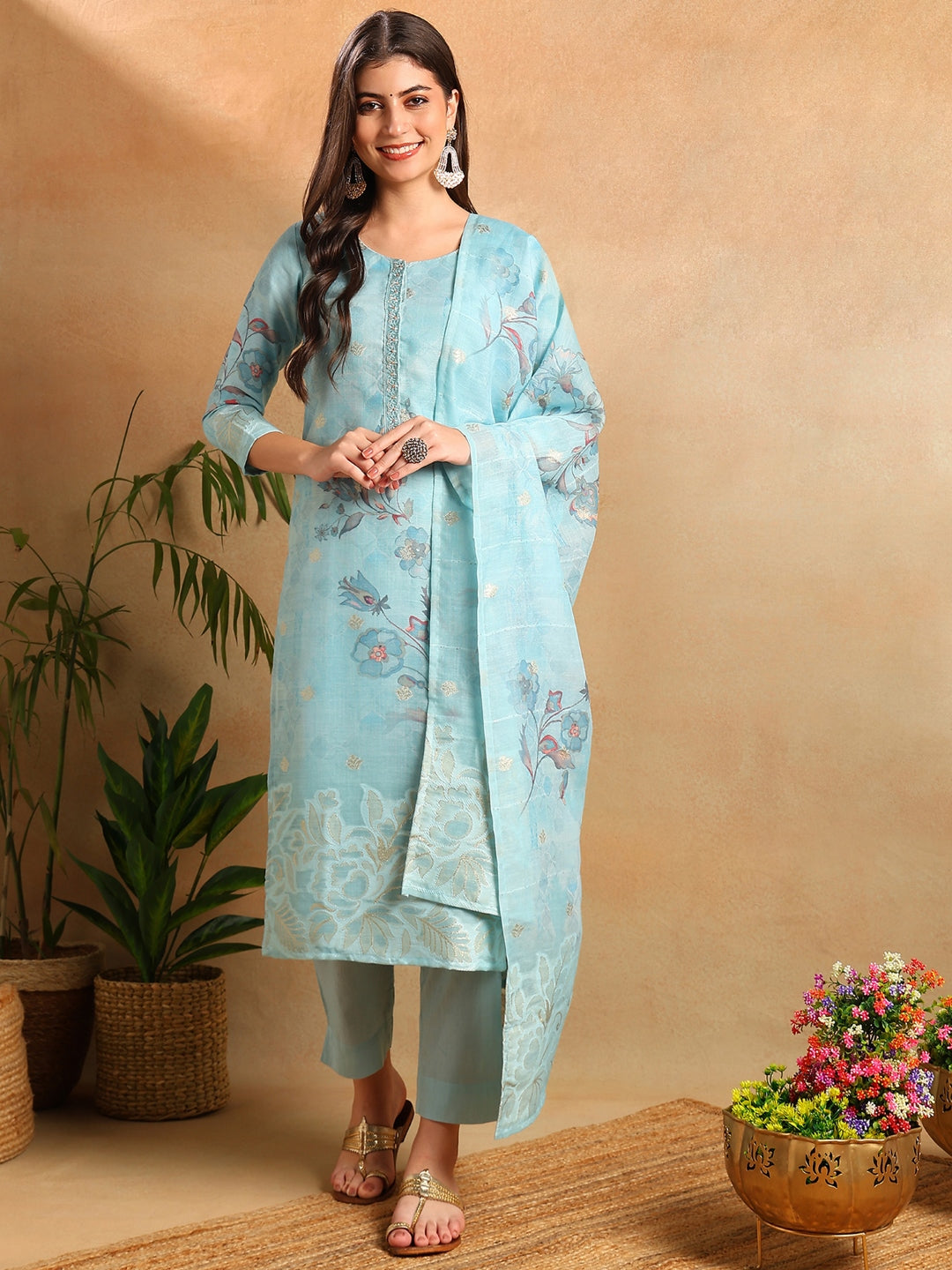 Women's Blue Linen Blend Floral Woven Design Straight Kurta Trouser With Dupatta - Ahika