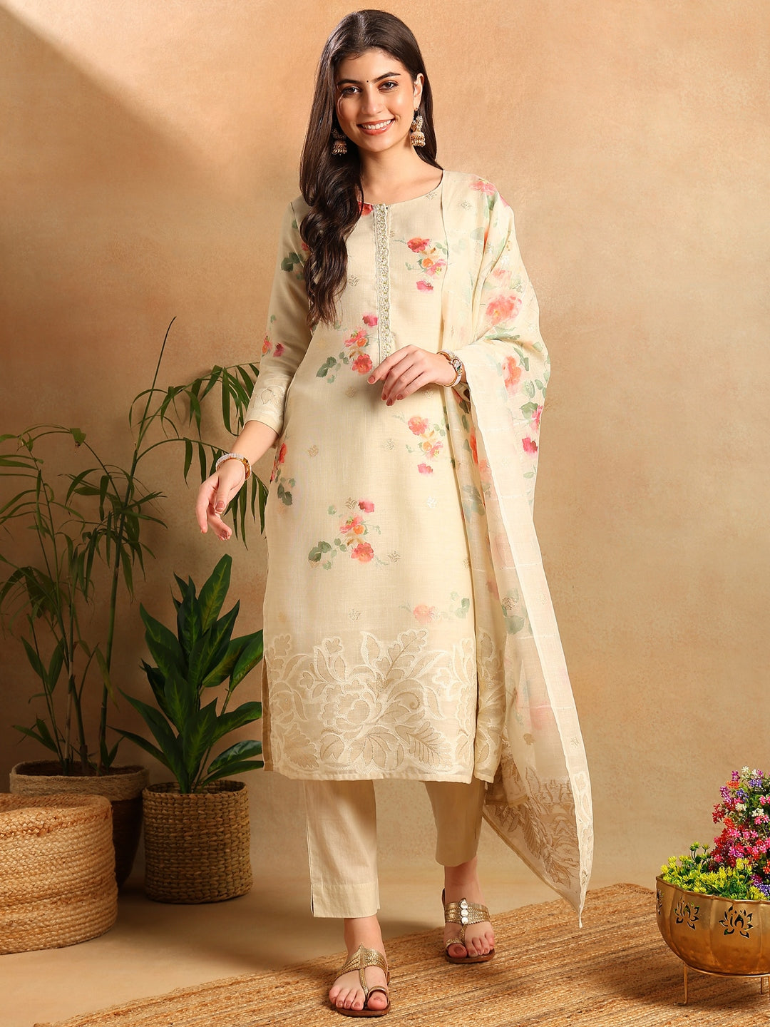 Women's Cream Linen Blend Floral Woven Design Straight Kurta Trouser With Dupatta - Ahika